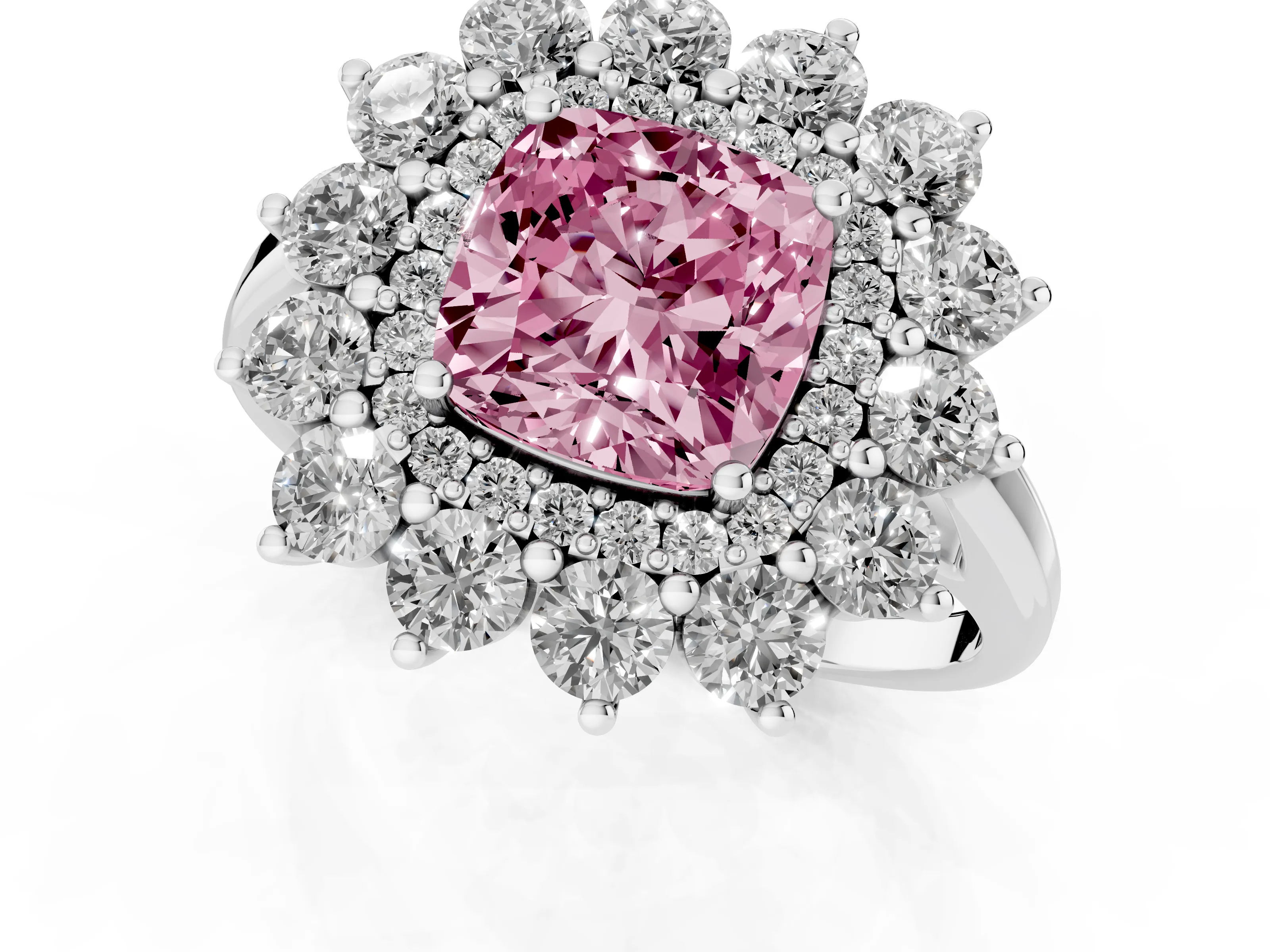 Fancy Pink Cushion Cut Diamond Floral Double Halo Ring Set in White gold with Round Petals