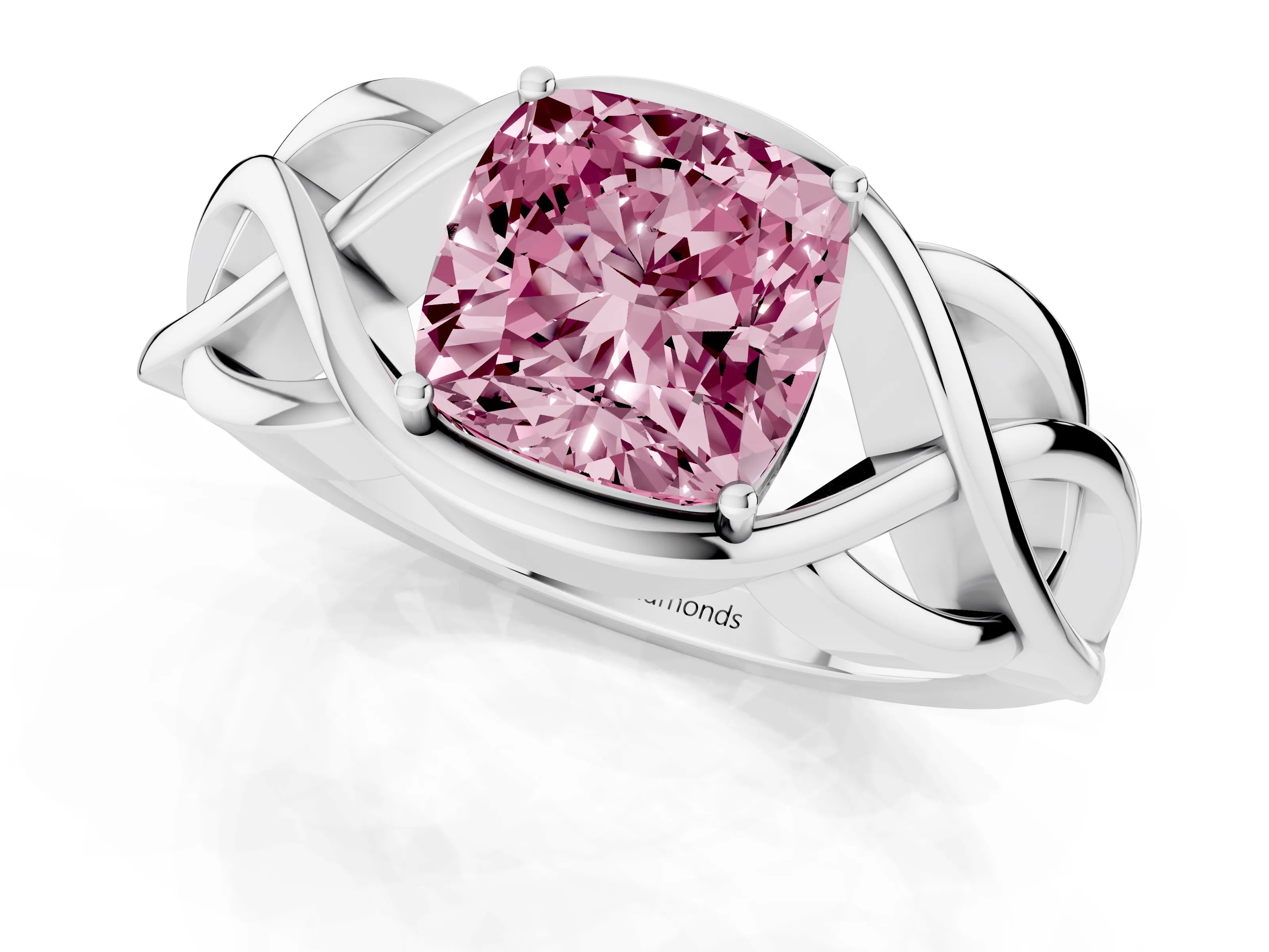 Fancy Pink Cushion Cut Diamond Solitaire Ring Set in Silver with Intertwined Band