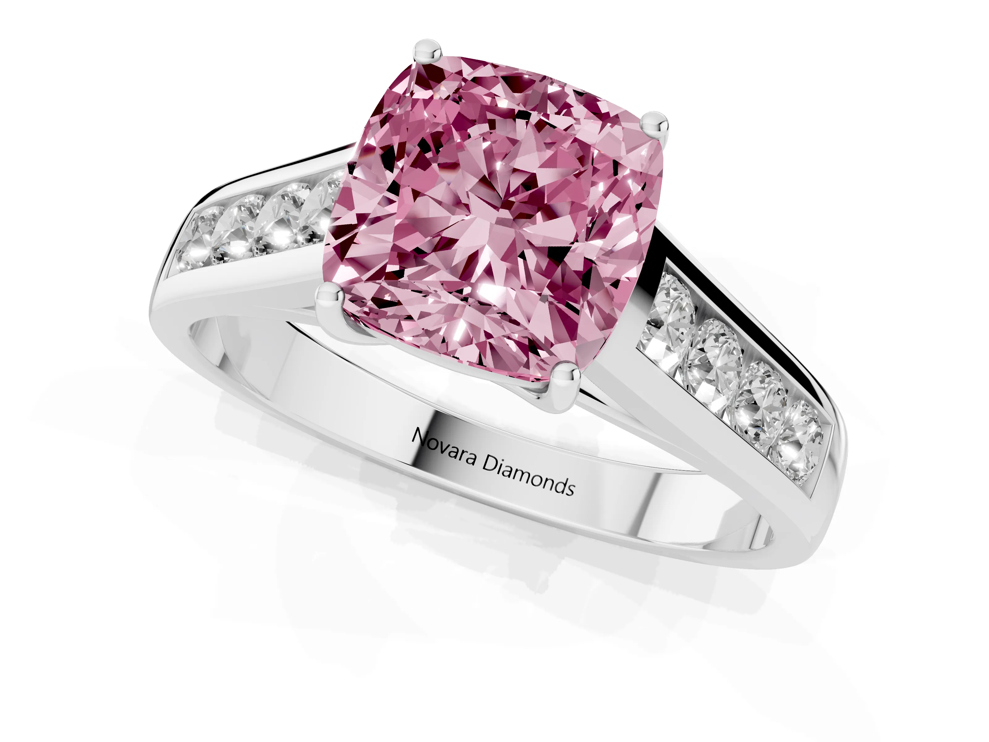 Fancy Pink Cushion Cut Diamond Brilliant Channel-Set Solitaire Ring Set in Platinum with Prong Setting
