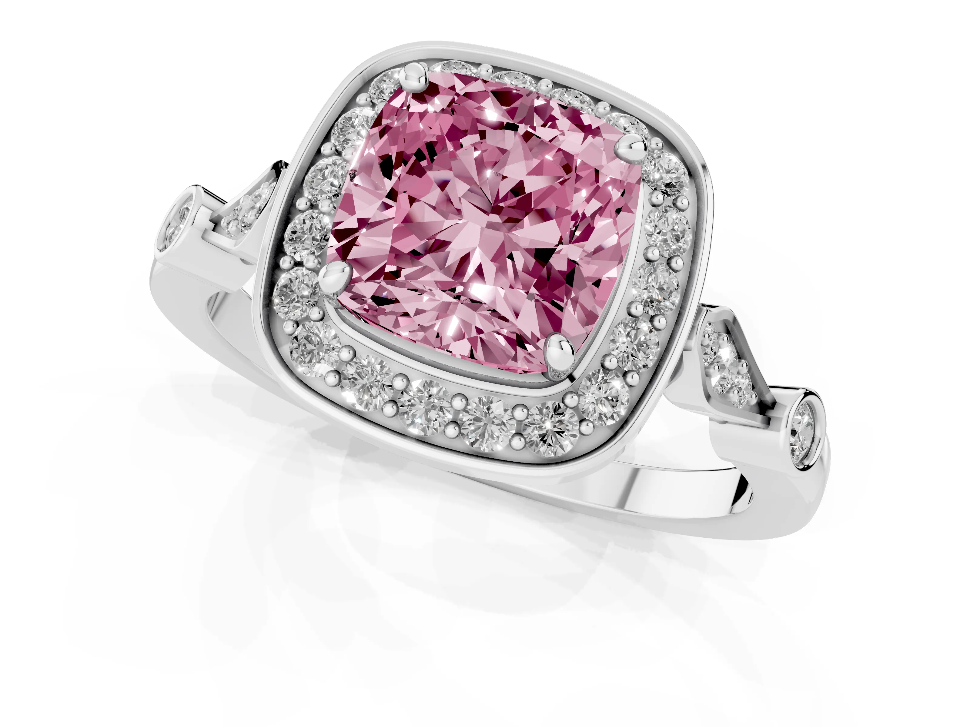 Fancy Pink Cushion Cut Diamond Halo Engagement Ring Set in Silver with Twisted Band and Prong Setting