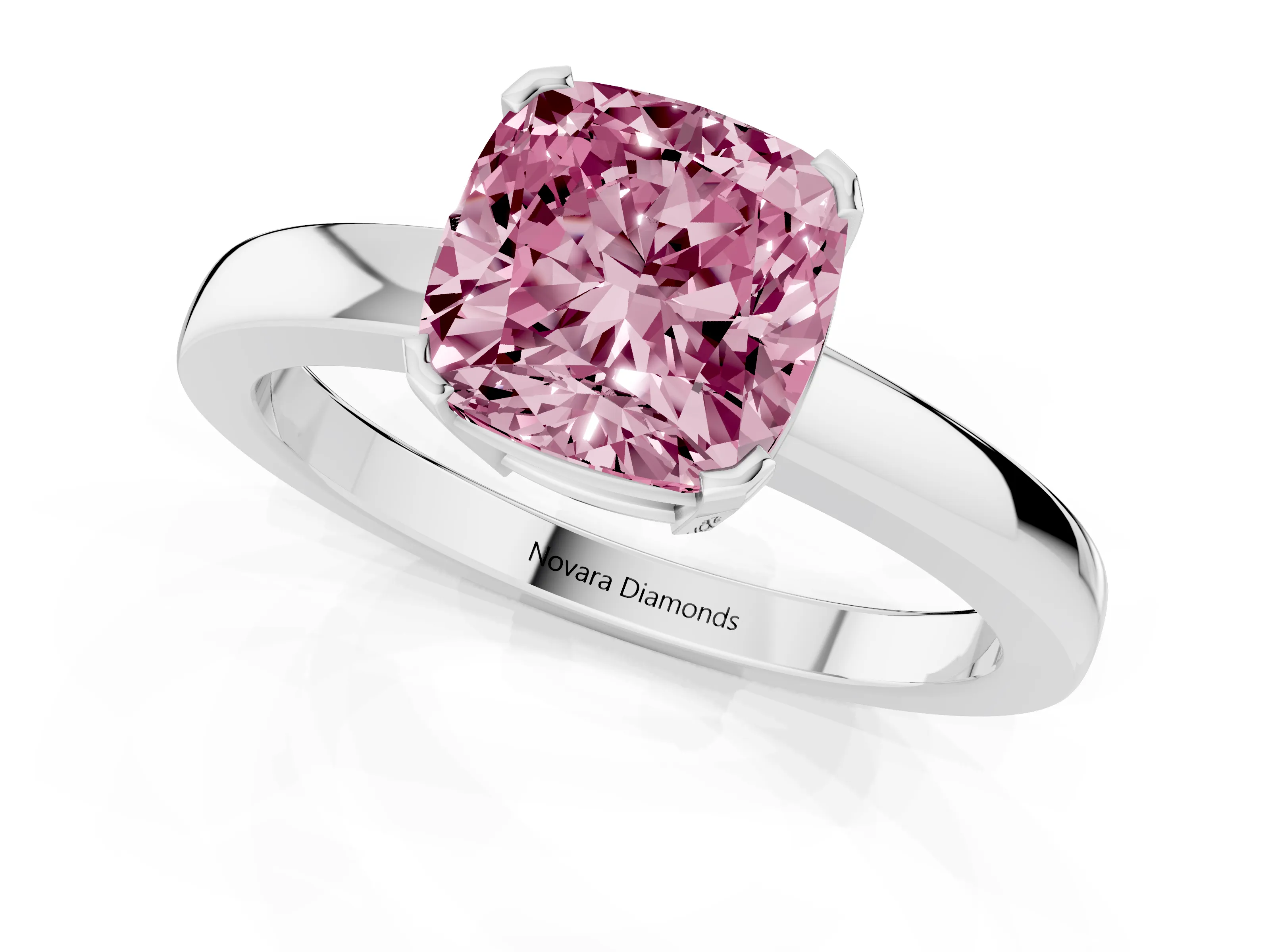 Fancy Pink Cushion Cut Diamond Solitaire Ring Set in Platinum with Prong Head and Smooth Polished Band