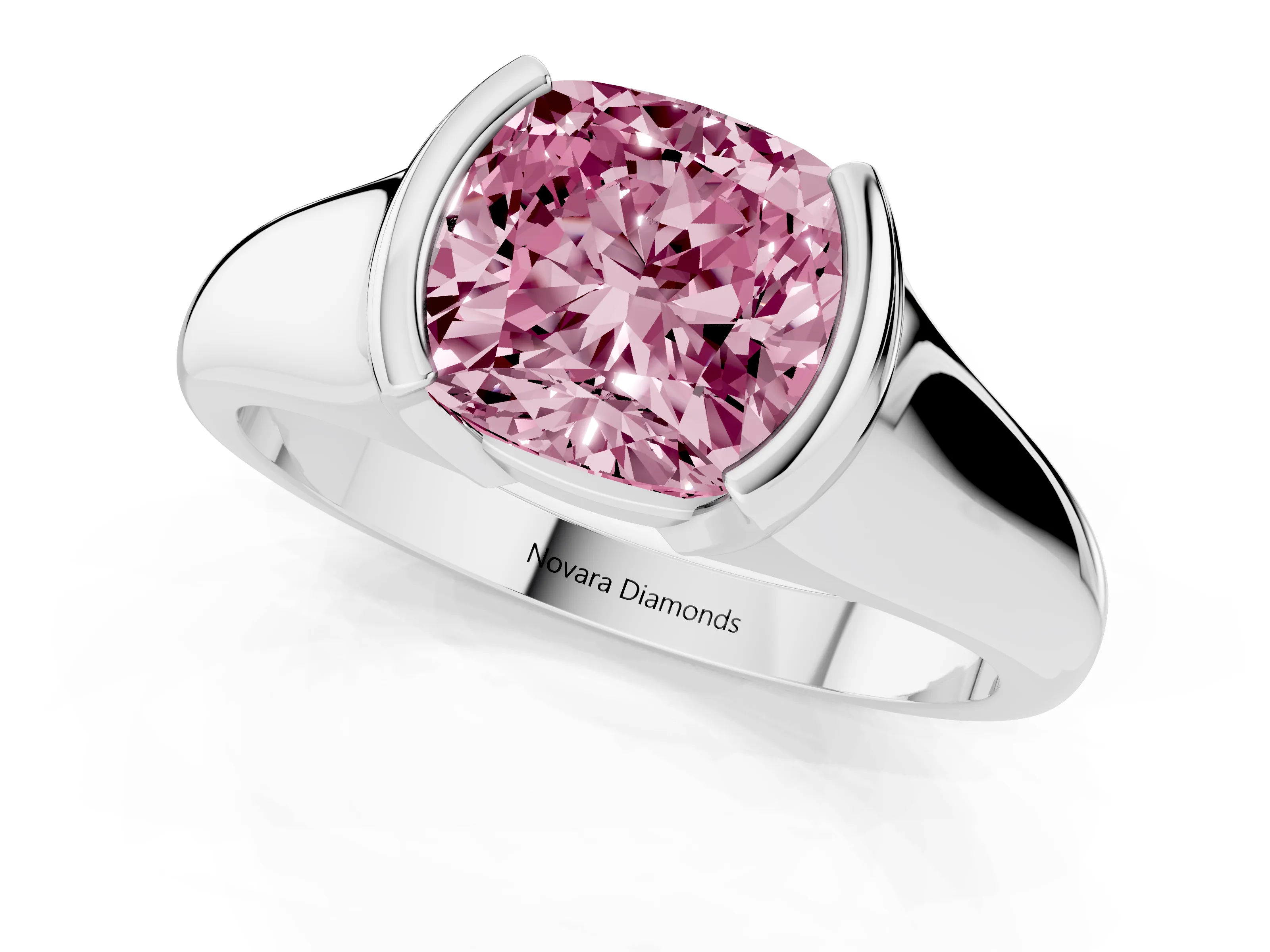 Fancy Pink Cushion Cut Diamond Solitaire Tension Set Ring Set in Silver with Split Shank Band