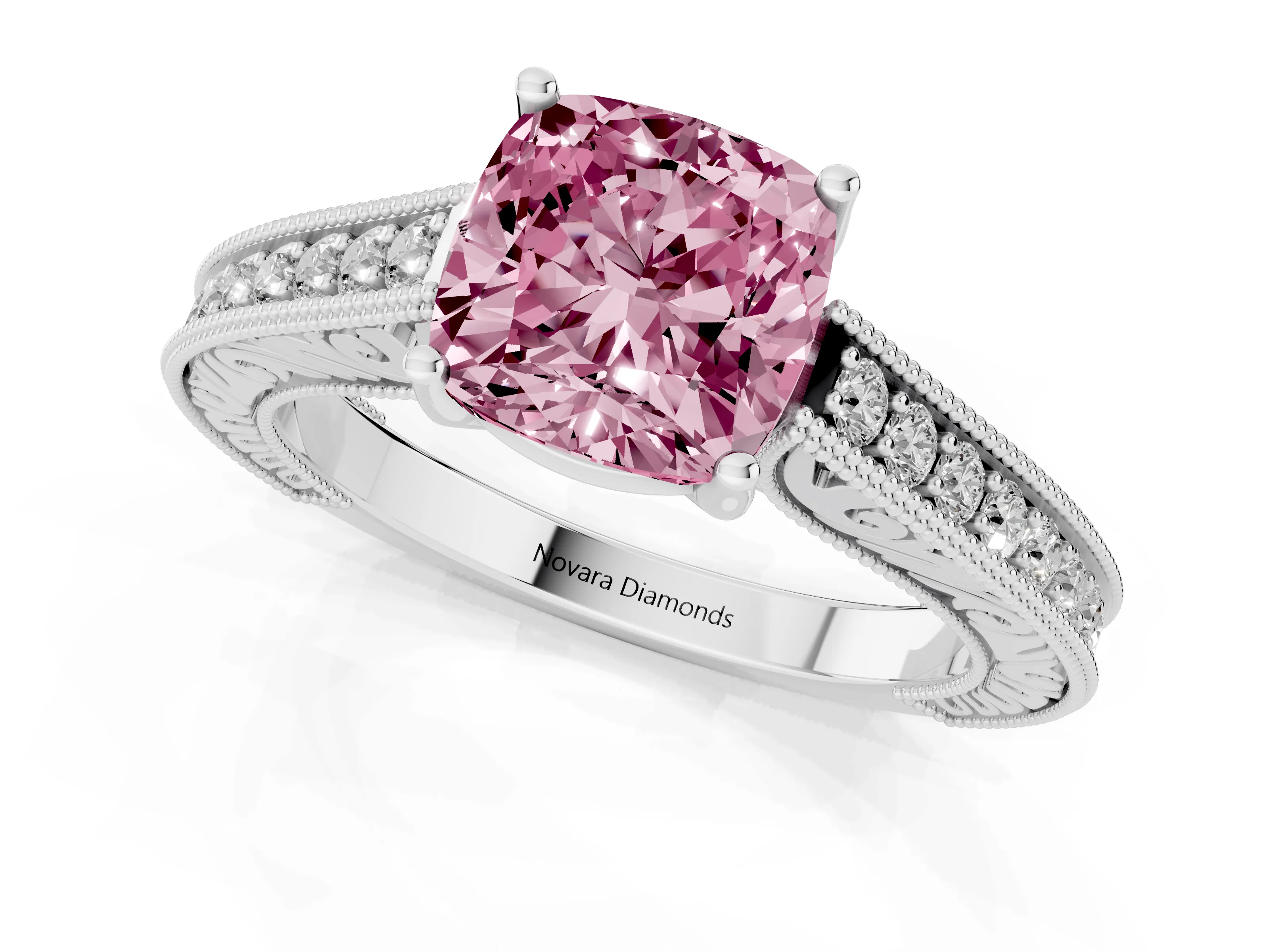 Fancy Pink Cushion Cut Diamond Milgrain Pavé Band Solitaire Ring Set in White gold with Prong Setting