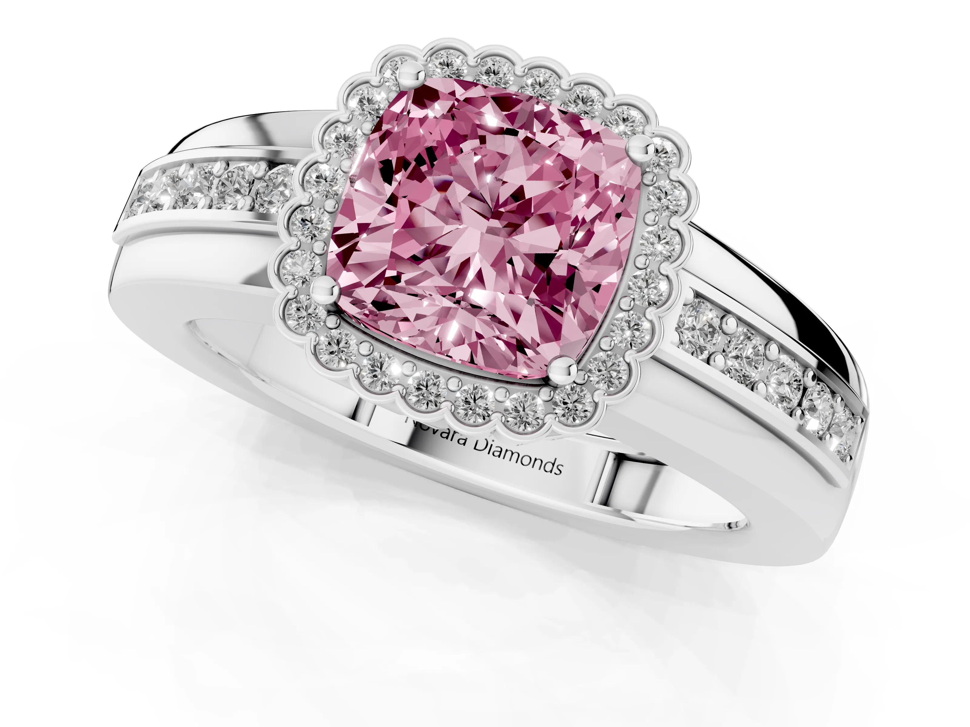 Fancy Pink Cushion Cut Diamond Halo Prong Ring Set in Platinum with Pavé Band