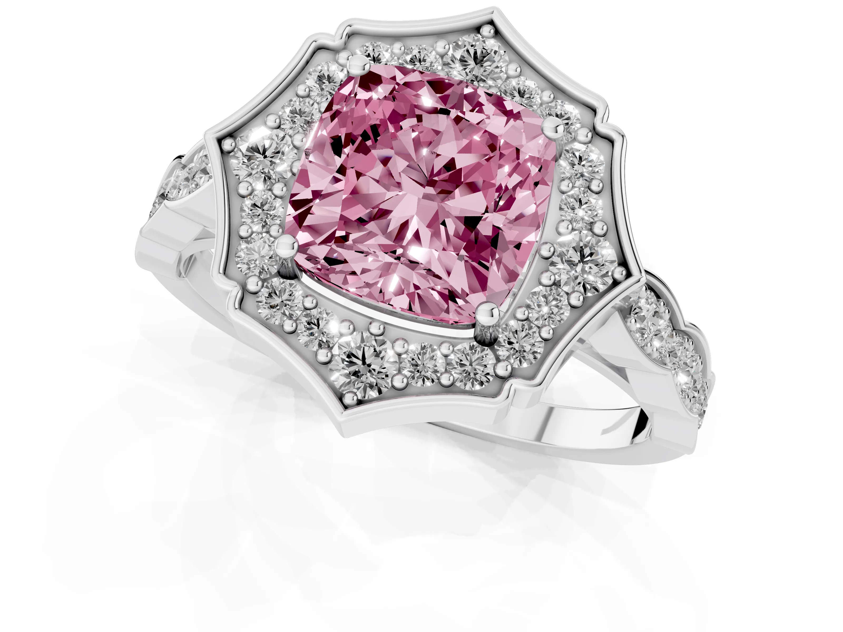 Fancy Pink Cushion Cut Diamond Halo Engagement Ring Set in Platinum with Milgrain Band and Prong Setting
