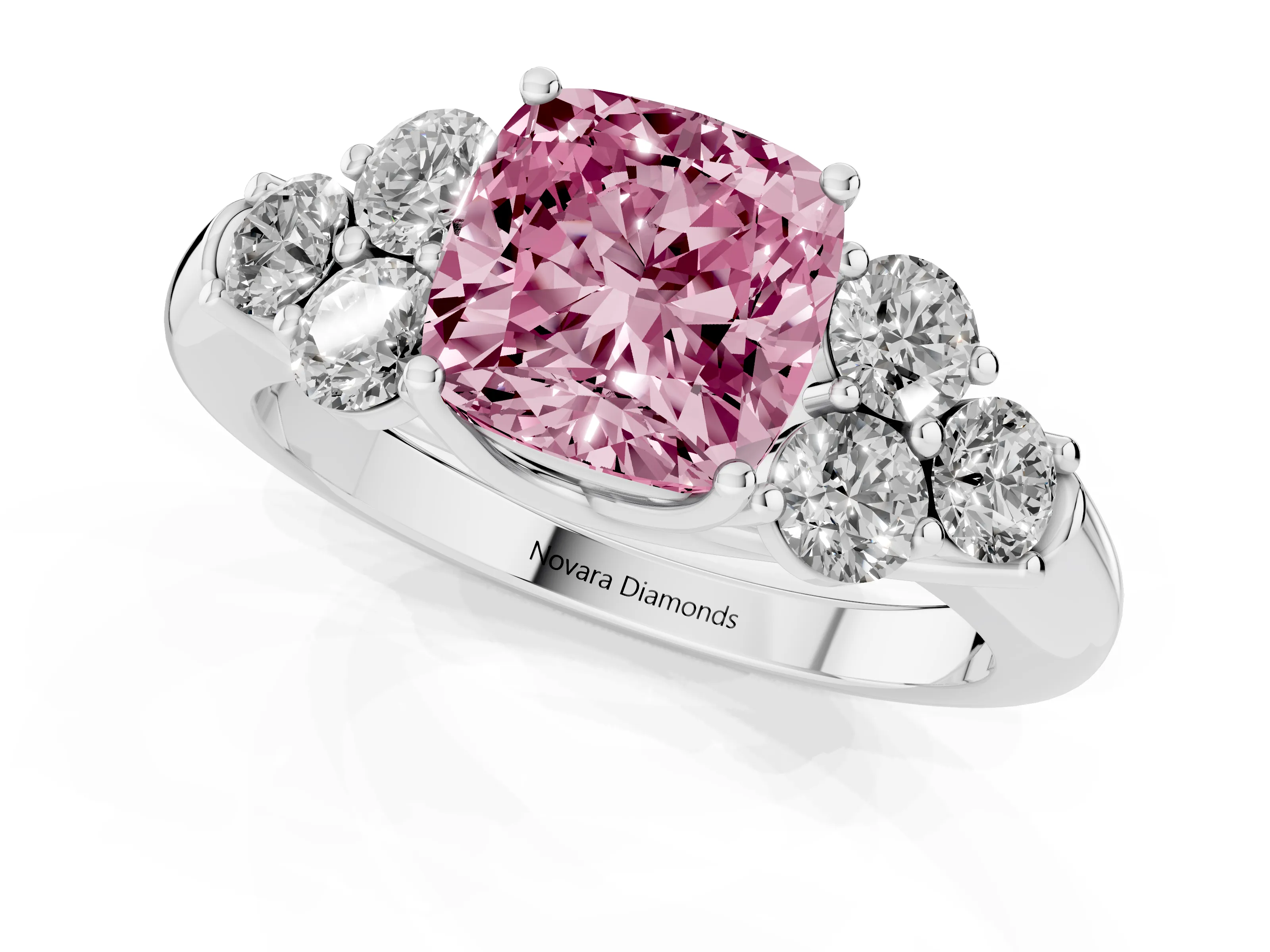 Fancy Pink Cushion Cut Diamond Cluster Ring Set in White gold with Round Accent Stones and Prong Setting on a Plain Band