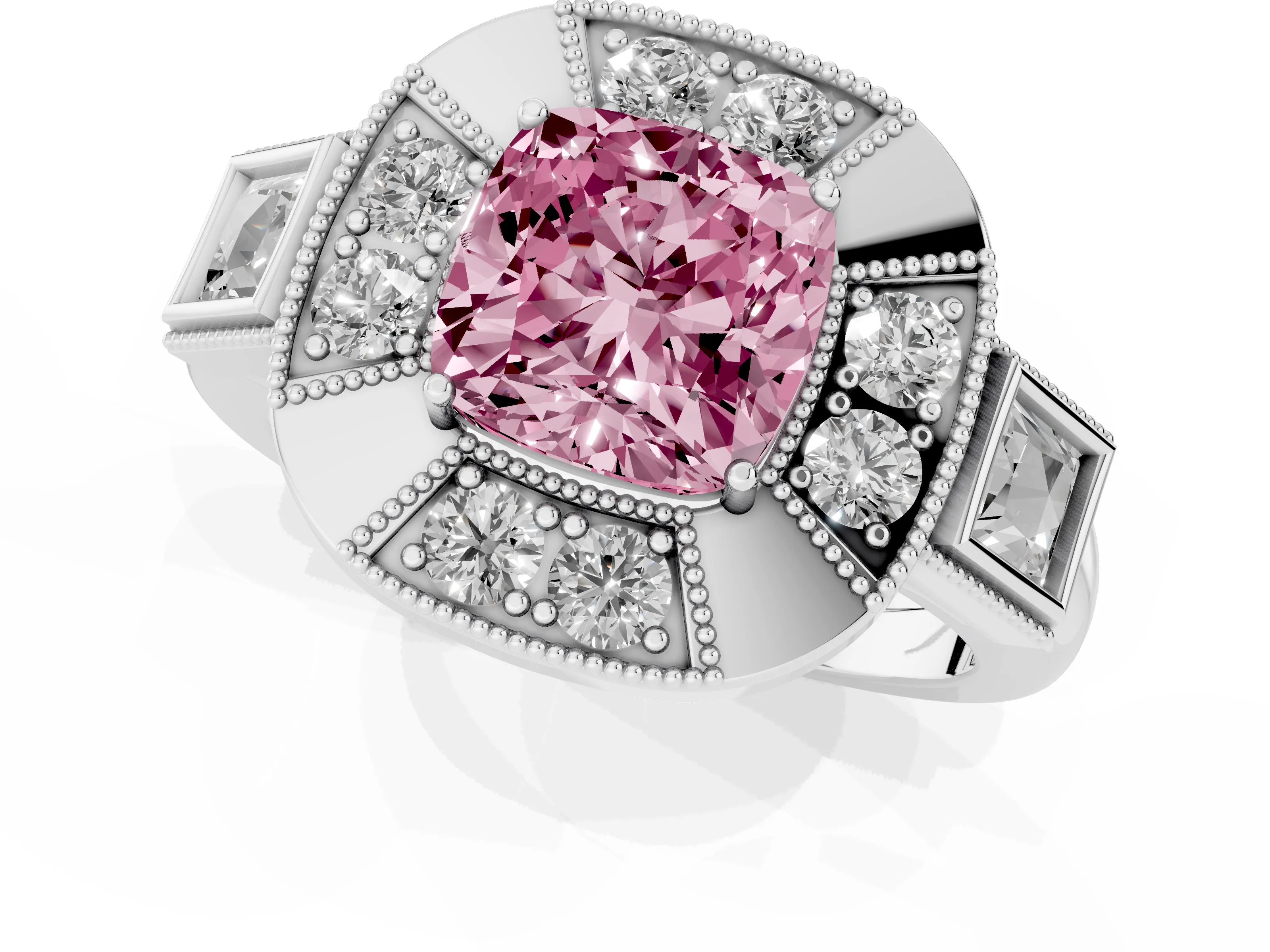 Fancy Pink Cushion Cut Diamond Milgrain Halo Ring Set in White gold with Split Shank