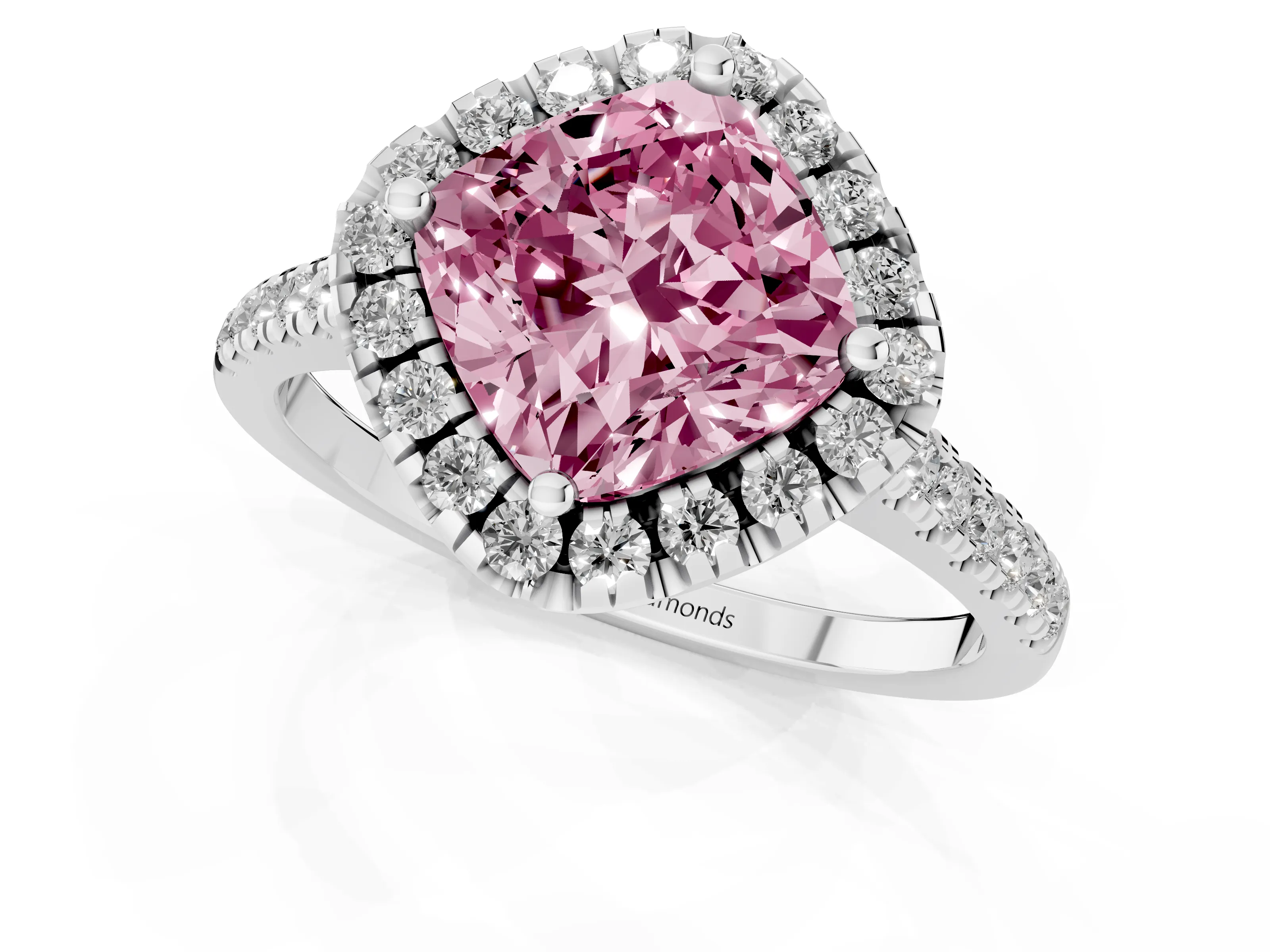 Fancy Pink Cushion Cut Diamond Cushion Halo Ring Set in Platinum with Pavé Band – second view