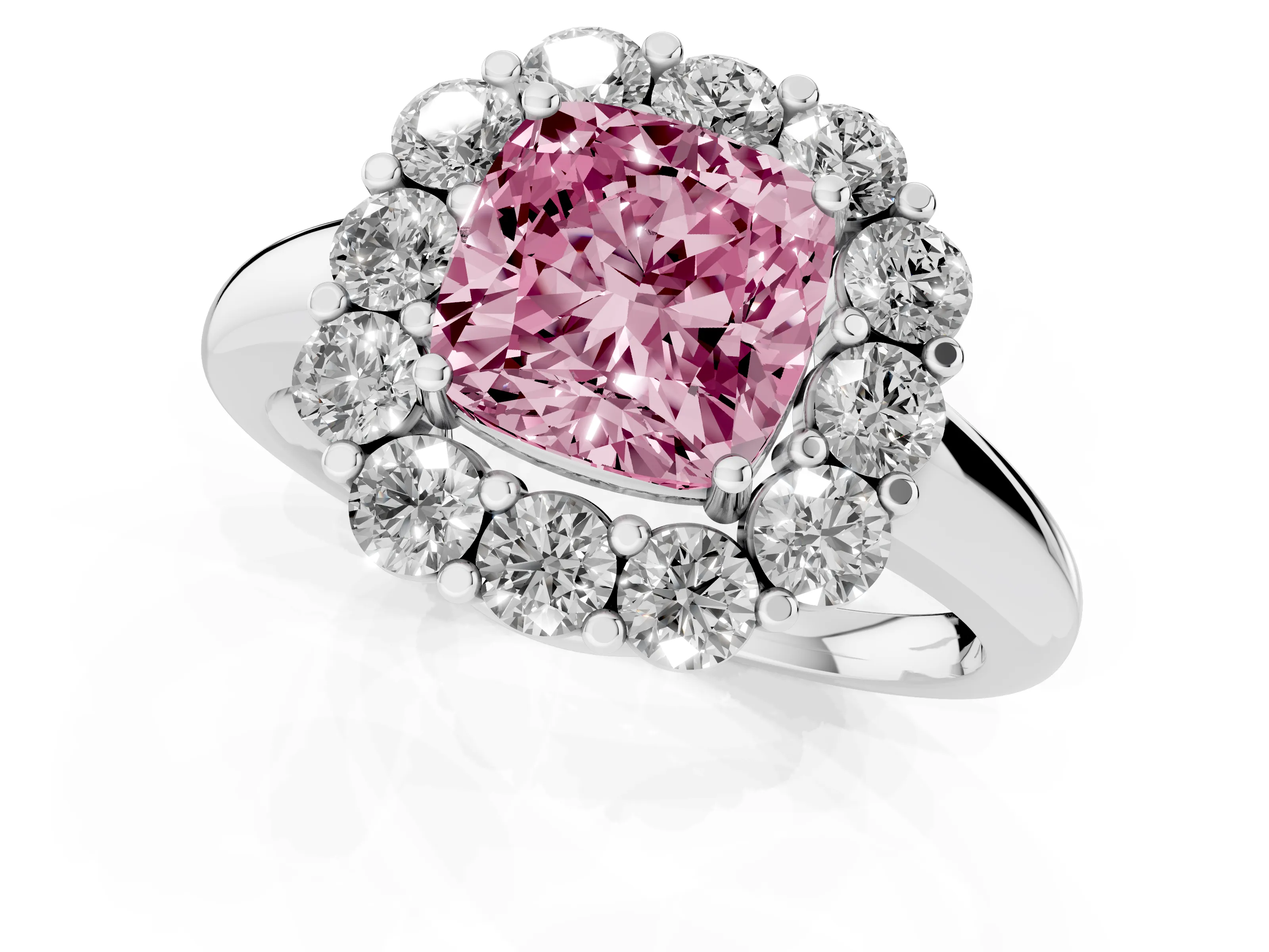 Fancy Pink Cushion Cut Diamond Halo Cluster Engagement Ring Set in White gold with Polished Band and Prong Setting