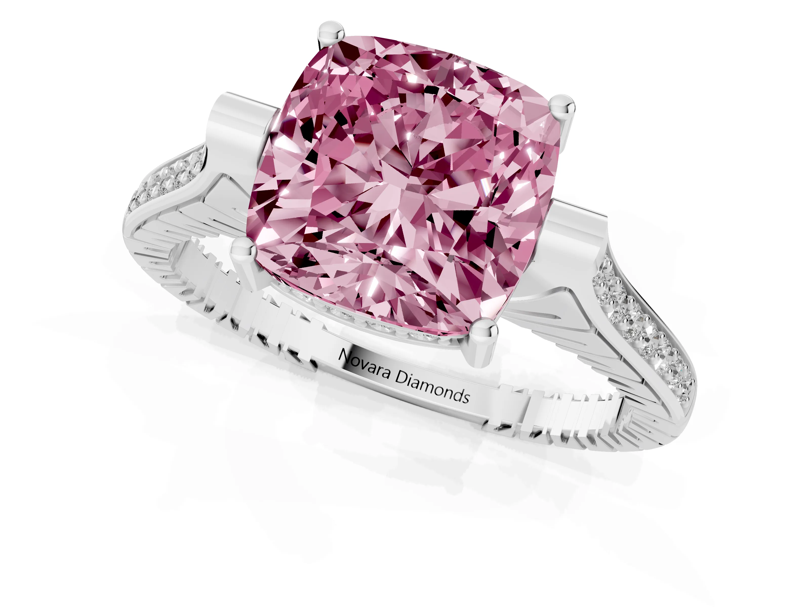 Fancy Pink Cushion Cut Diamond Solitaire Ring Set in White gold with Channel Set Band and Bezel Prong Setting