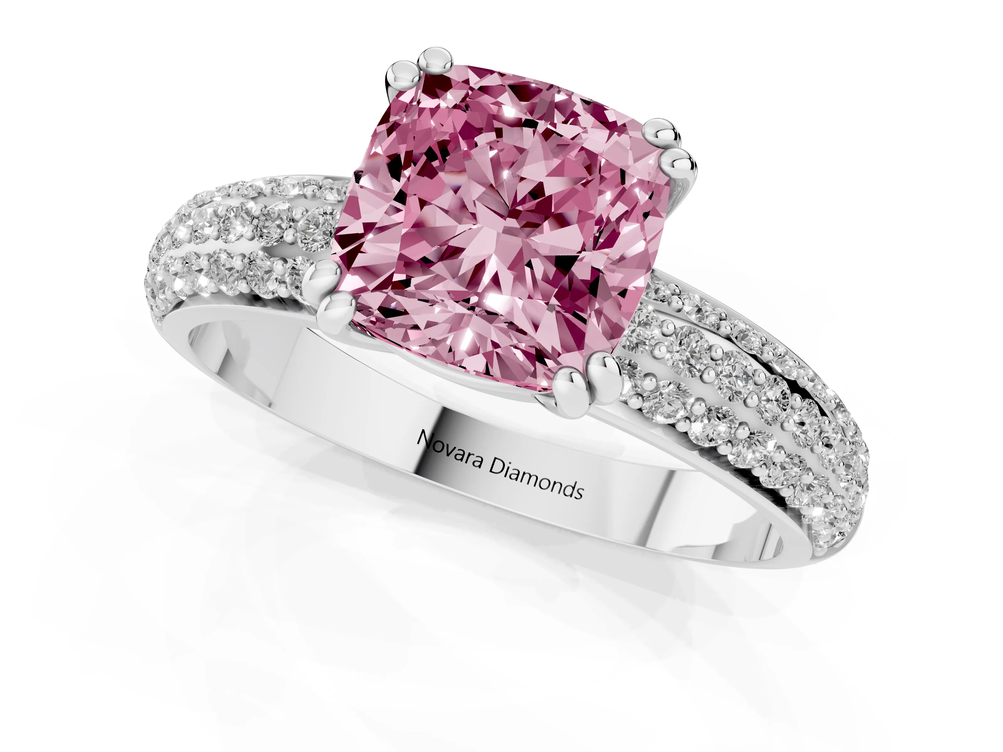 Fancy Pink Cushion Cut Diamond Solitaire Ring Set in Platinum with Multi-Row Round Pavé Band and Prong Setting