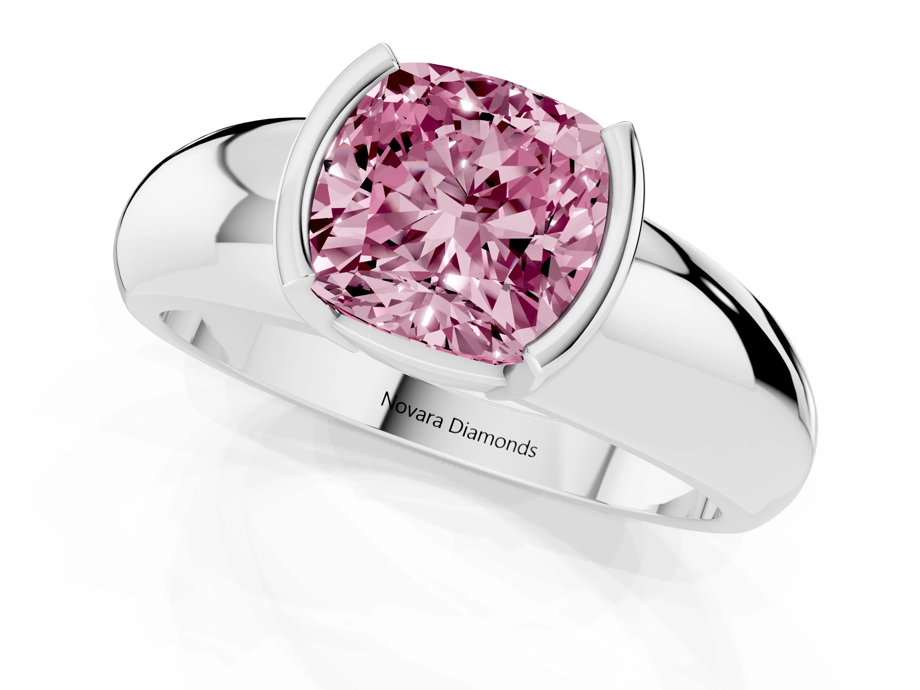 Fancy Pink Cushion Cut Diamond Solitaire Tension Set Ring Set in Silver with Wide Band