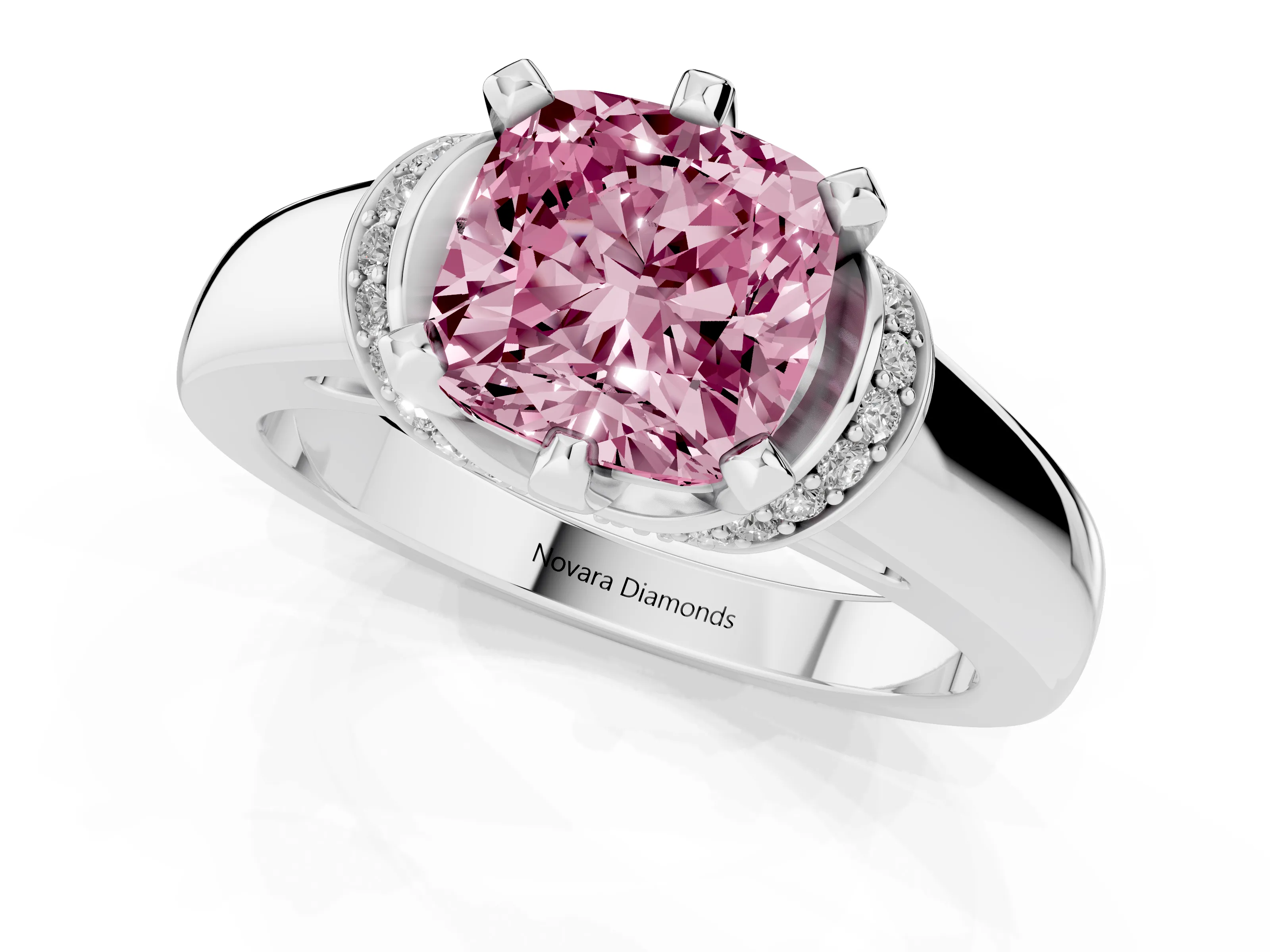 Fancy Pink Cushion Cut Diamond Pavé Band Solitaire Ring Set in Silver with Prong Setting