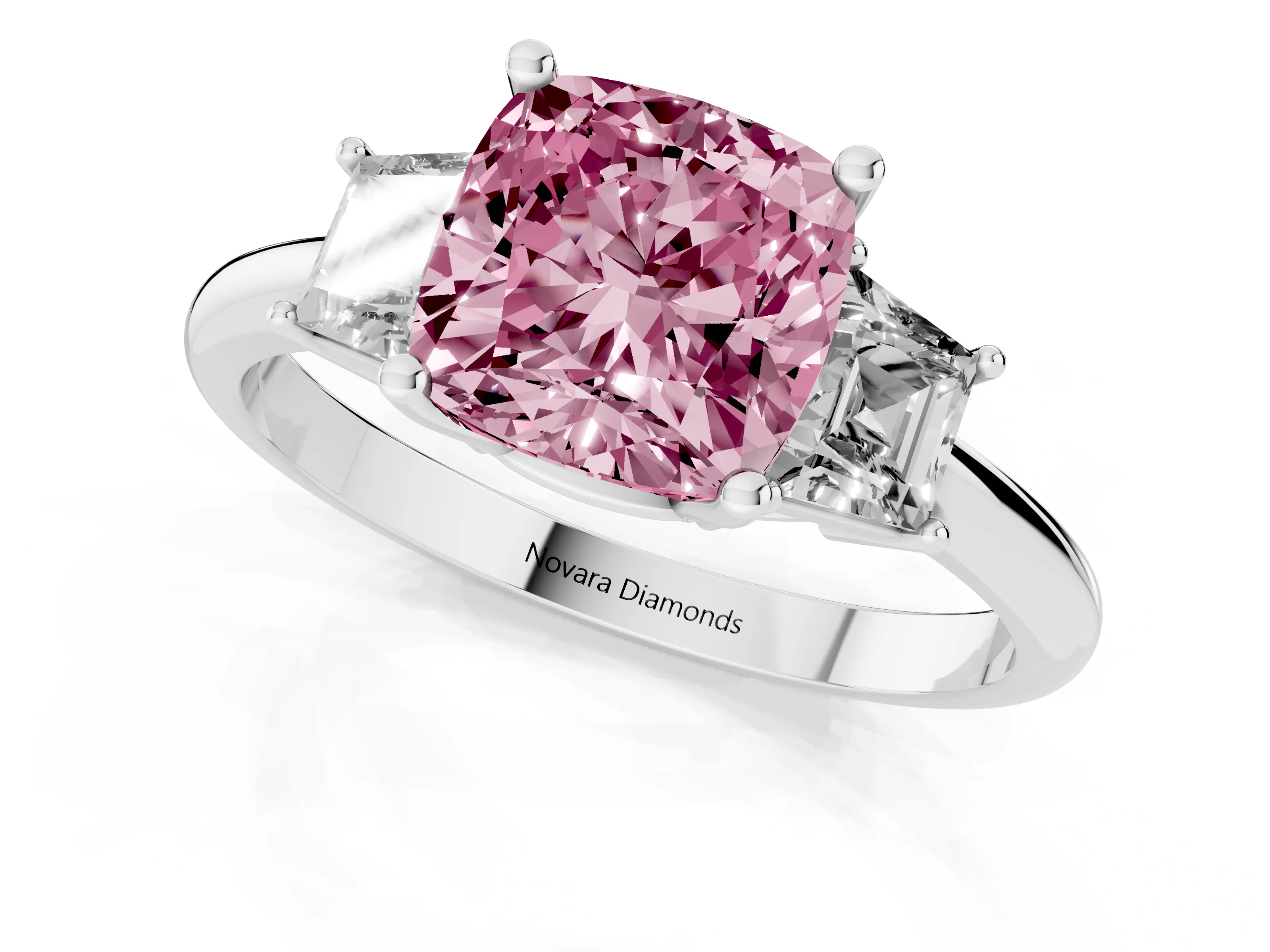 Fancy Pink Cushion Cut Diamond Three-Stone Ring Set in Silver with Trapezoid Side Stones and Prong Setting