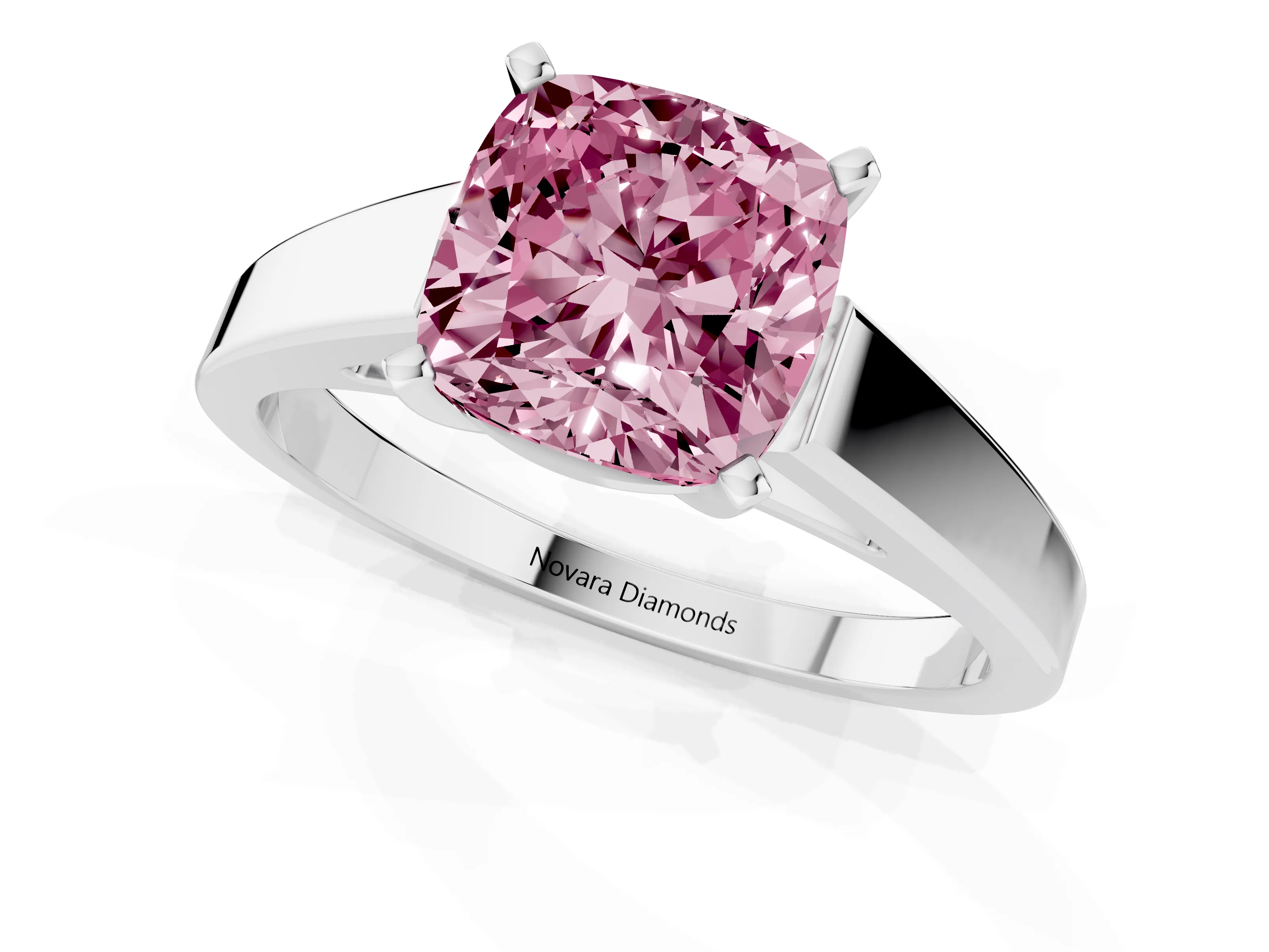 Fancy Pink Cushion Cut Diamond Solitaire Engagement Ring Set in White gold with Prong Setting and Tapered Band