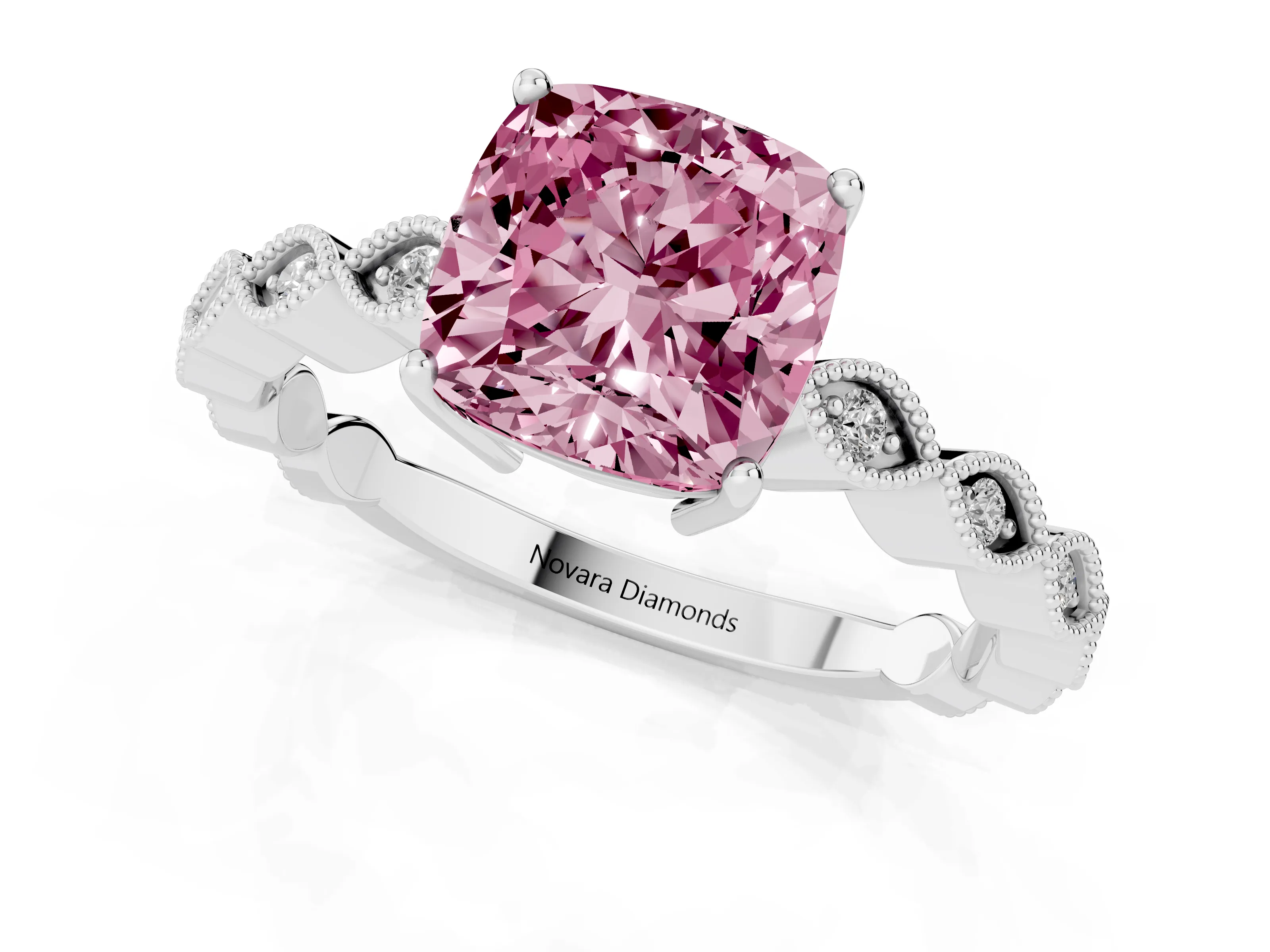 Fancy Pink Cushion Cut Diamond Solitaire Ring Set in Silver with Infinity Twist Pavé Band