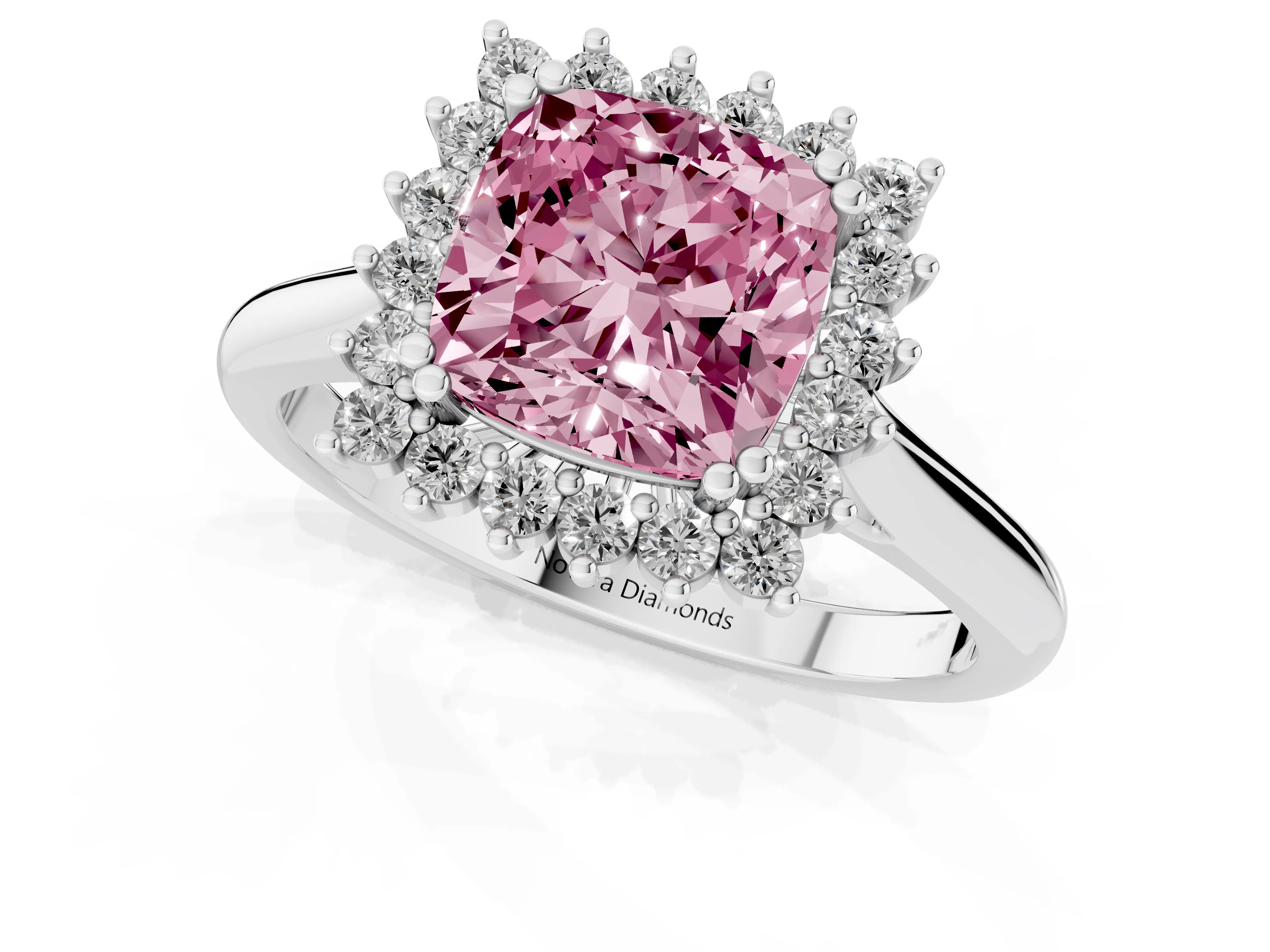 Fancy Pink Cushion Cut Diamond Halo Ring Set in White gold with Plain Solitaire Band and Prong Setting