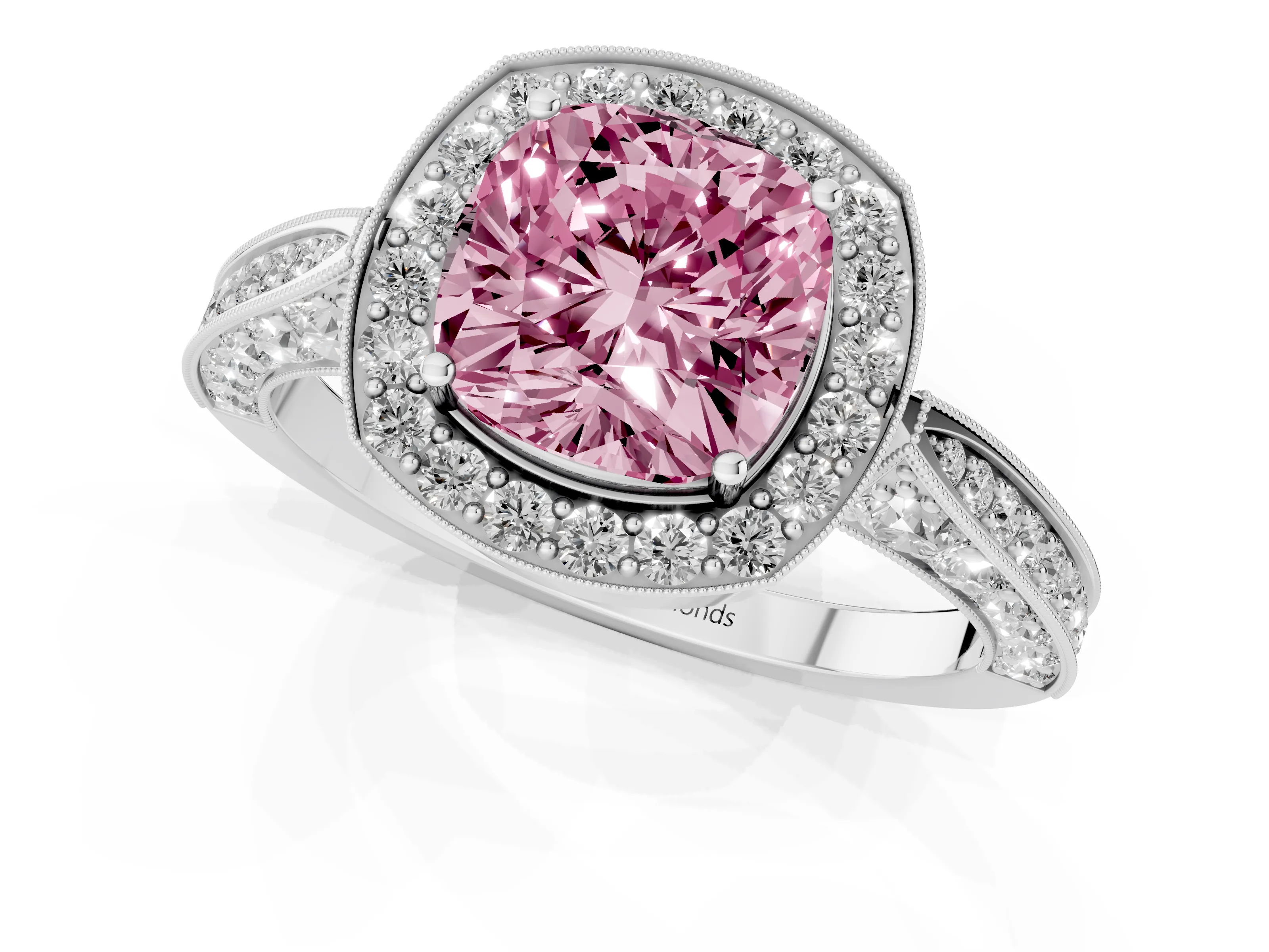 Fancy Pink Cushion Cut Diamond Halo Engagement Ring Set in Silver with Accent Split Shank Band