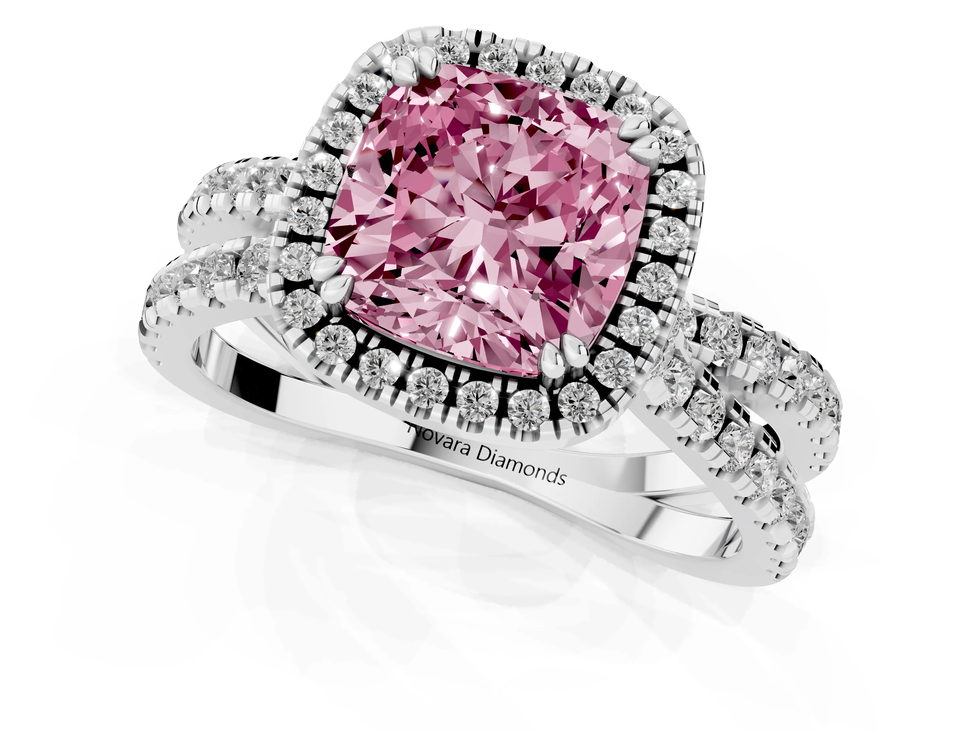 Fancy Pink Cushion Cut Diamond Halo Split Shank Ring Set in Platinum with Pavé Setting – second view