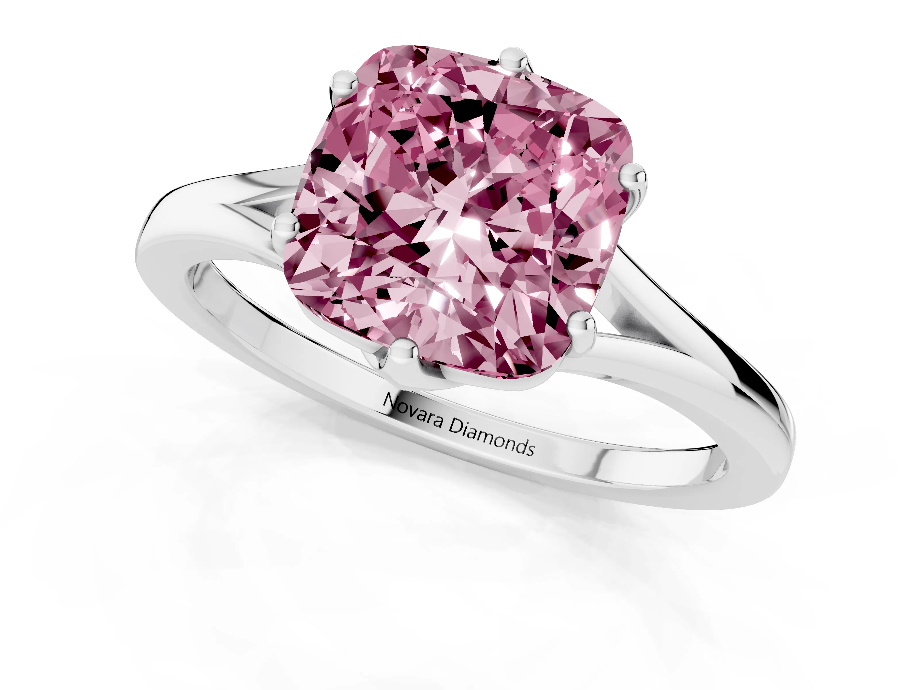 Fancy Pink Cushion Cut Diamond Solitaire Ring Set in Silver with Polished Tapered Band and Prong Setting