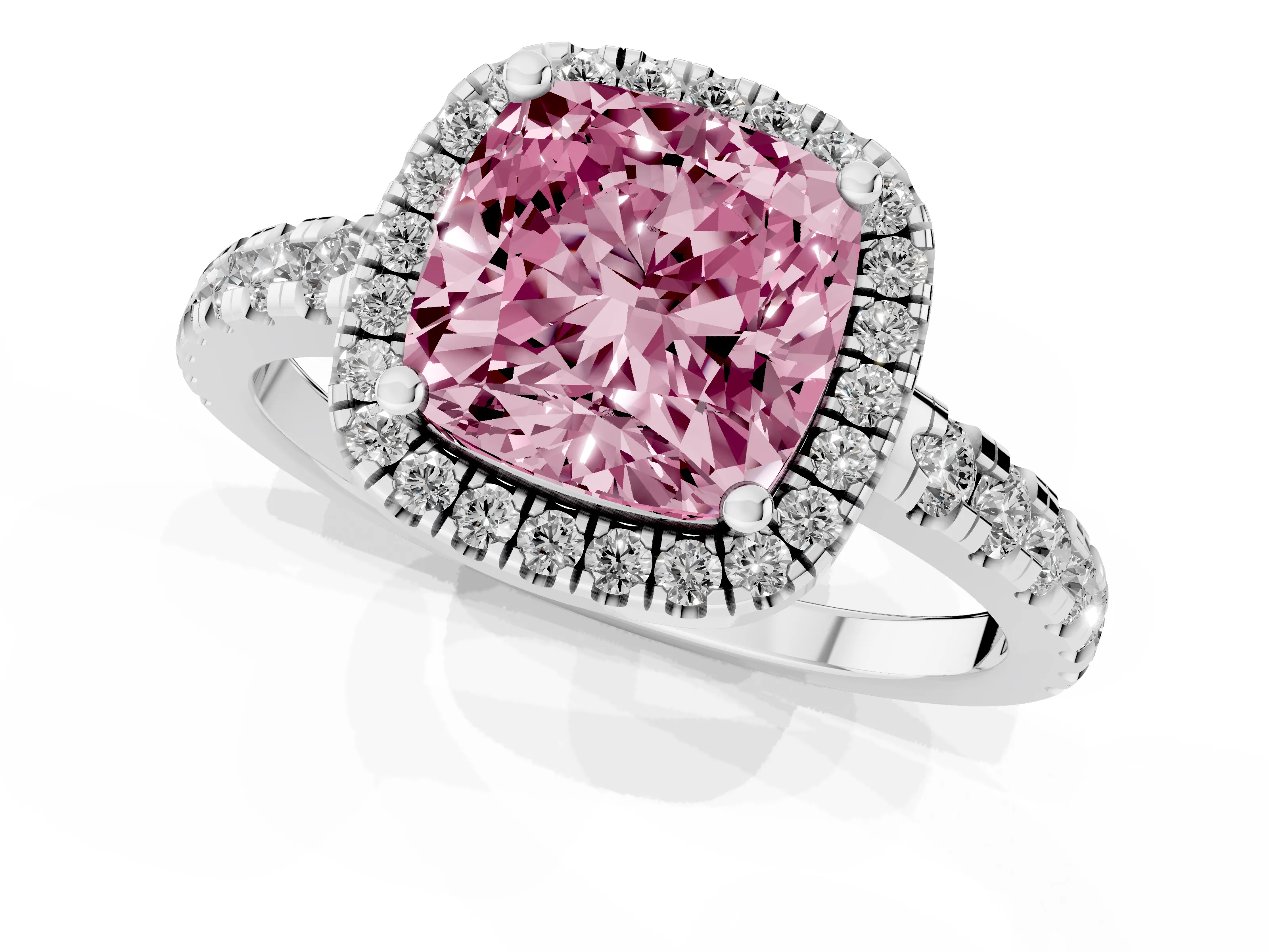 Fancy Pink Cushion Cut Diamond Halo Ring Set in Silver with Delicate Pavé Band and Prong Setting