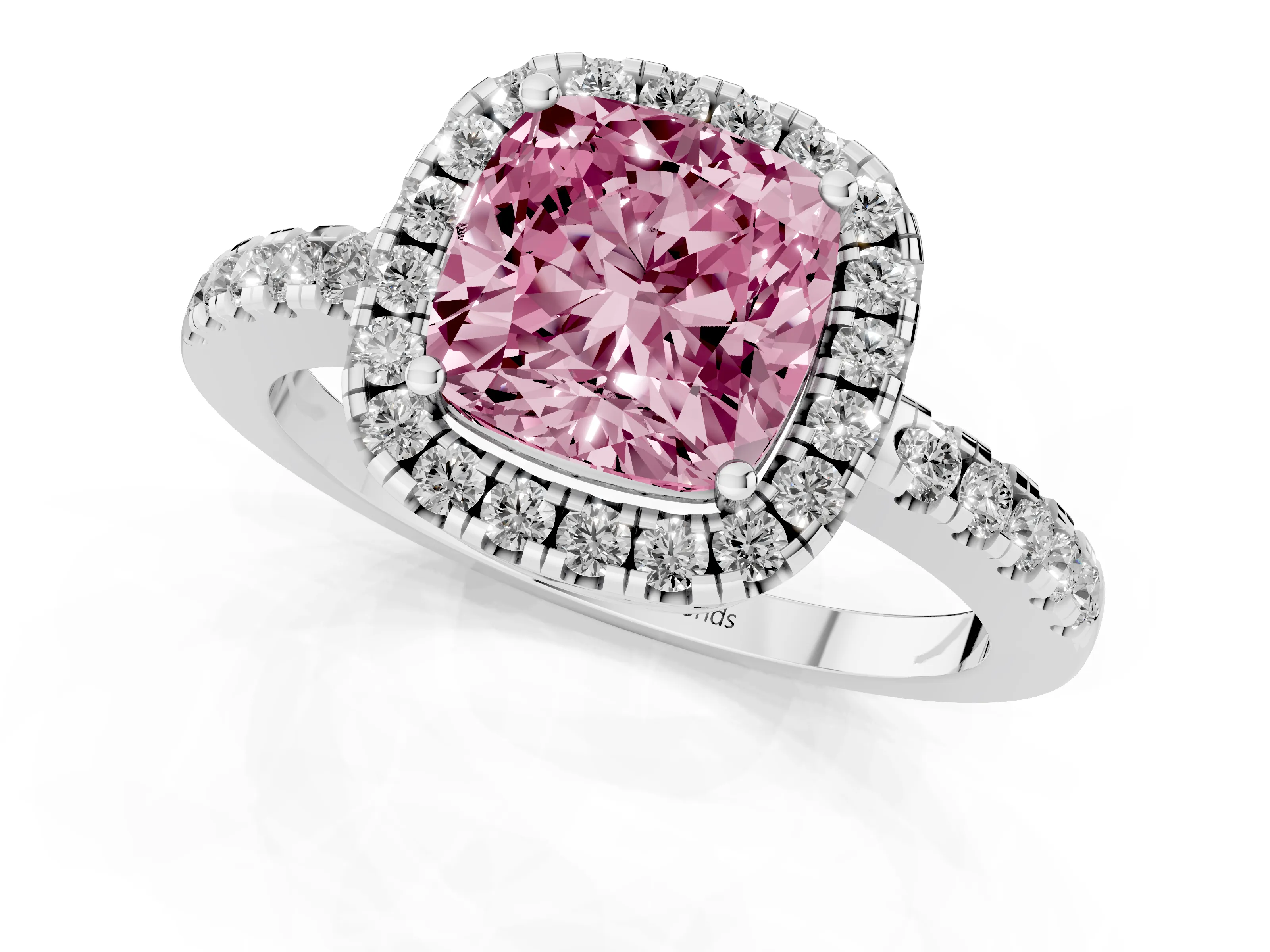 Fancy Pink Cushion Cut Diamond Pavé Band Halo Engagement Ring Set in Platinum with Prong Setting