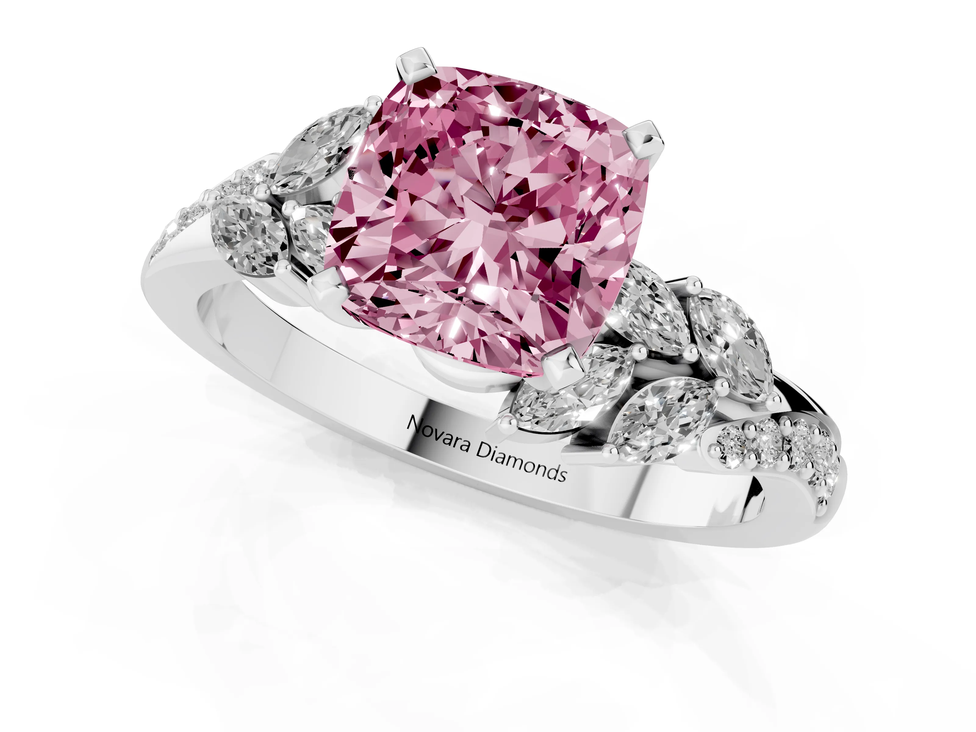 Fancy Pink Cushion Cut Diamond Solitaire Ring Set in White gold with Marquise Twist Band and Prong Setting