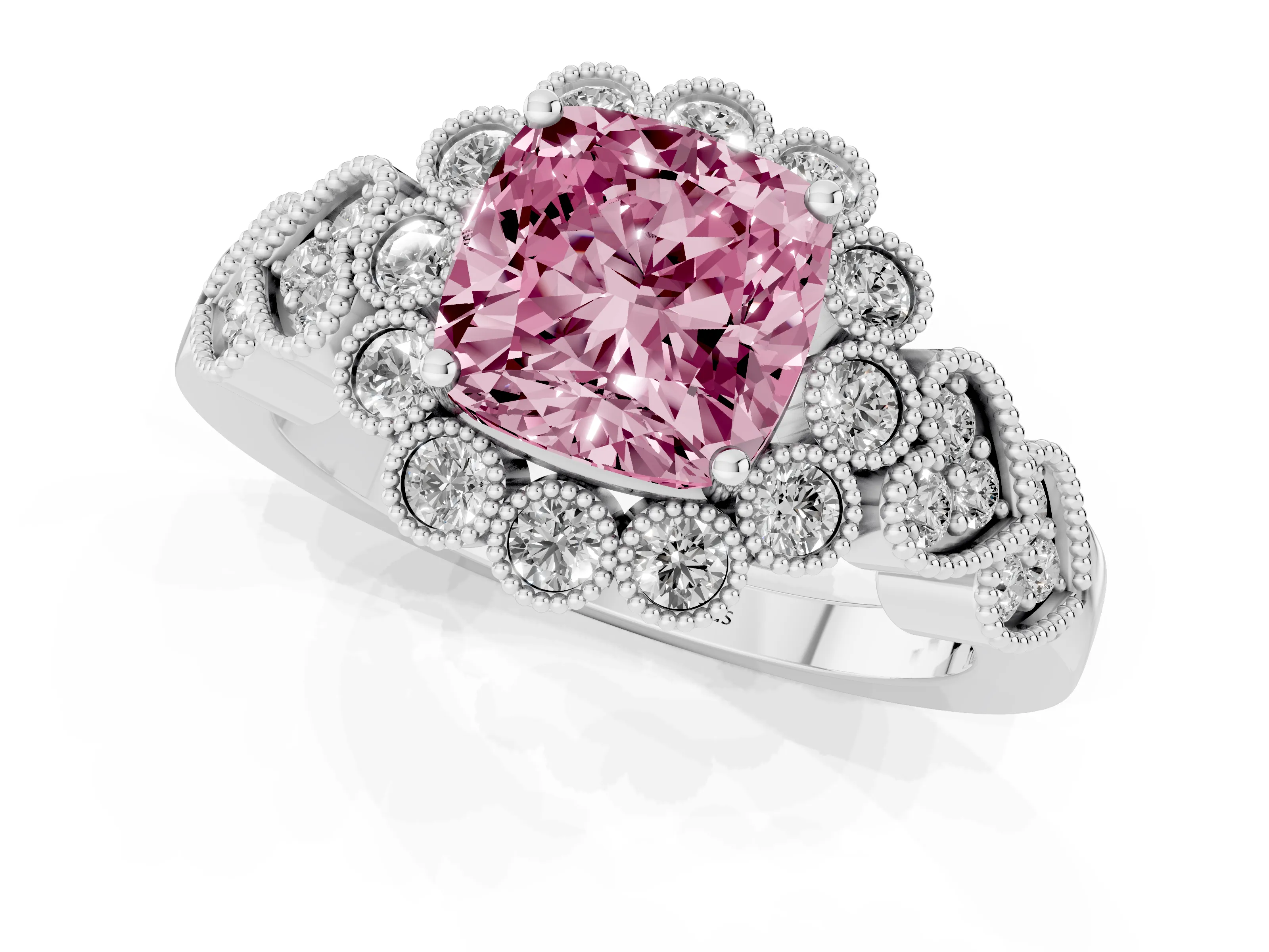Fancy Pink Cushion Cut Diamond Solitaire Ring Set in Silver with Milgrain Pavé Heart Band