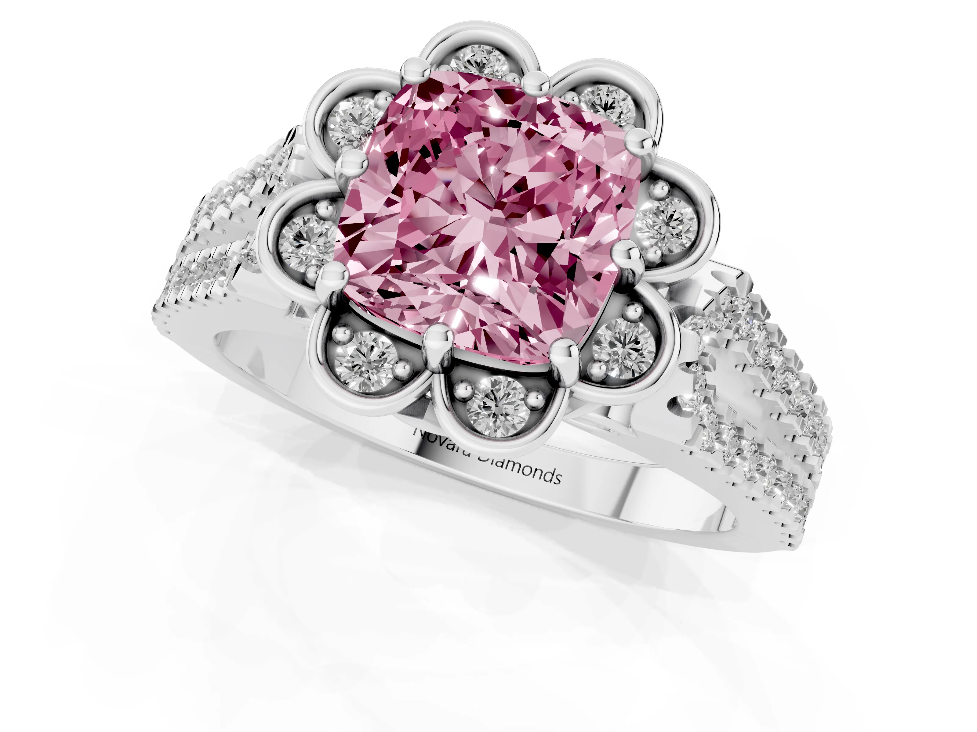 Fancy Pink Cushion Cut Diamond Floral Halo Split Shank Engagement Ring Set in Silver with Pavé Shank