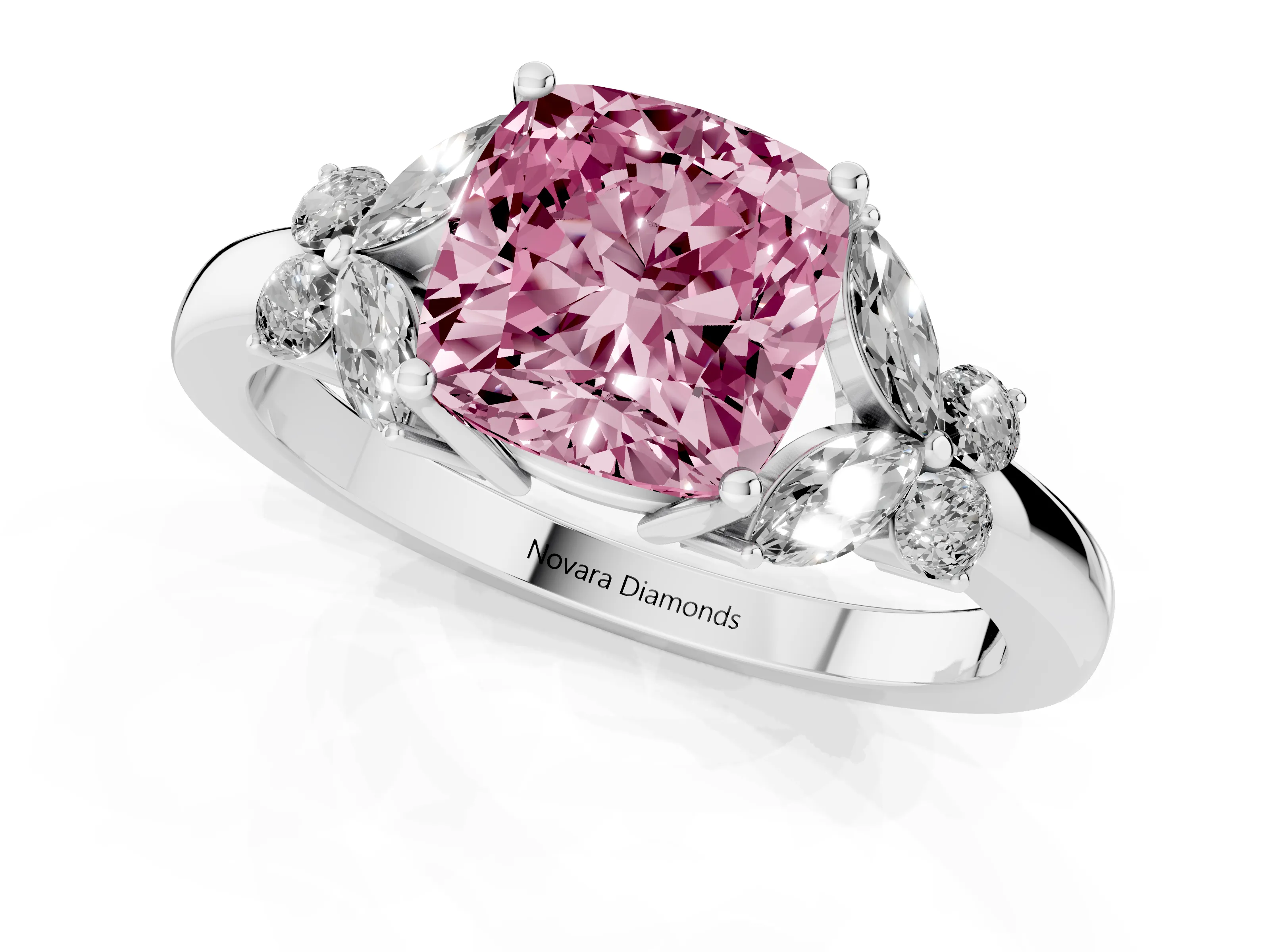 Fancy Pink Cushion Cut Diamond Solitaire Floral Ring Set in White gold with Marquise Petals and Prong Setting