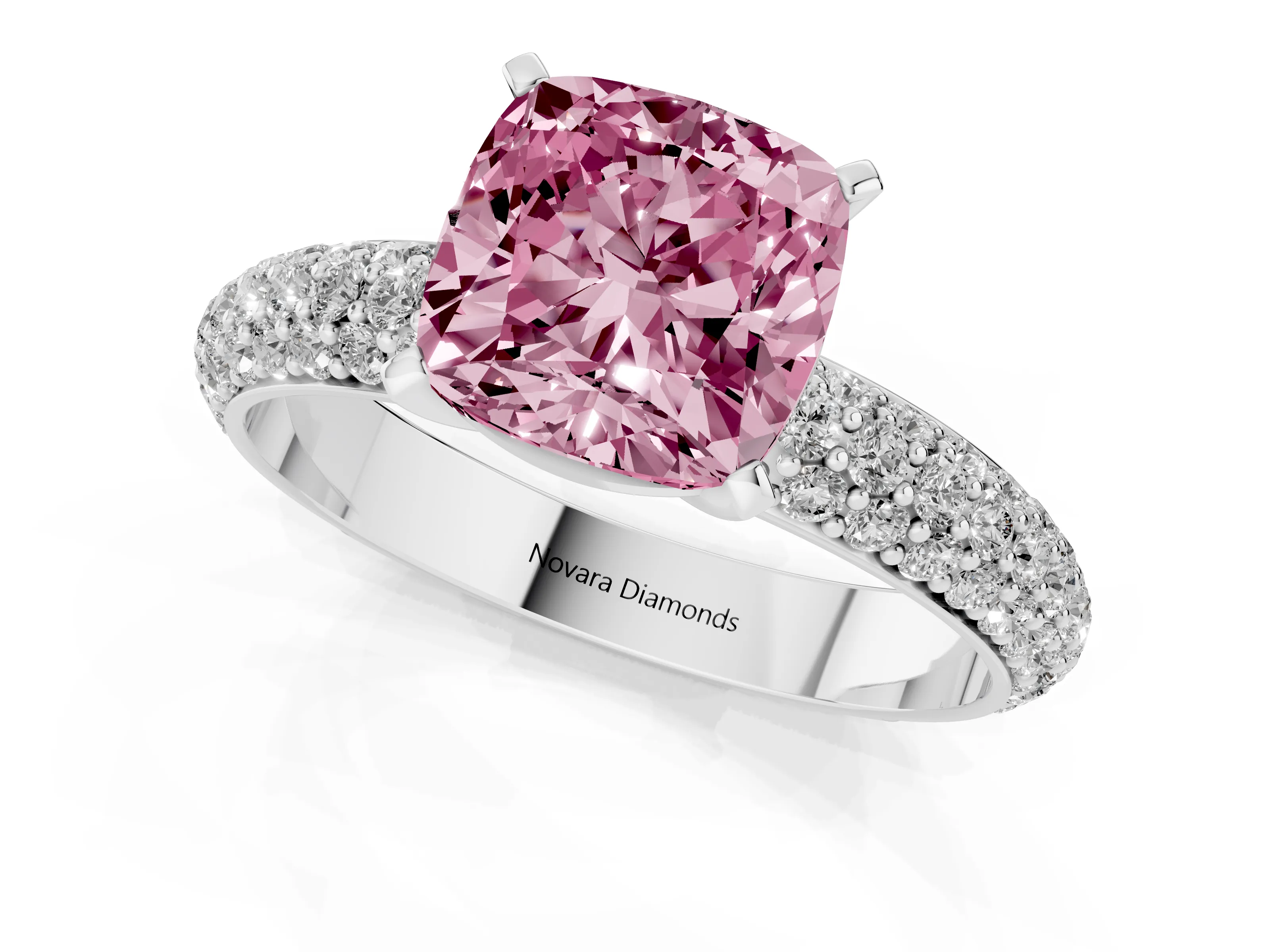 Fancy Pink Cushion Cut Diamond Solitaire Ring Set in Platinum with Prong Setting and Pavé-Set Band