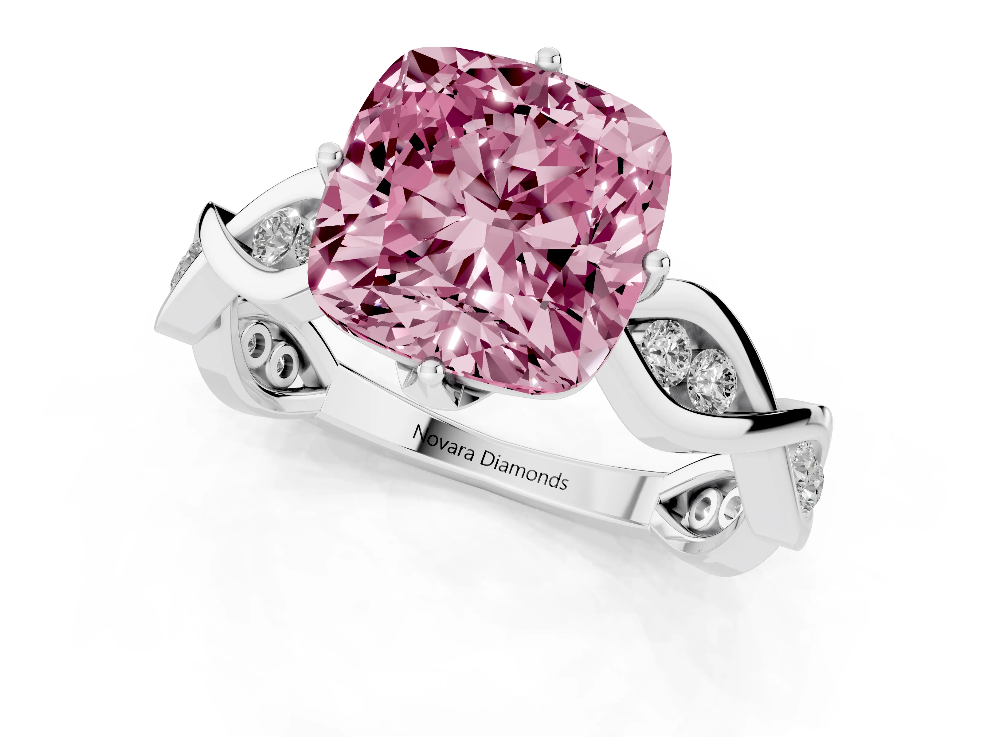 Fancy Pink Cushion Cut Diamond Twist Band Solitaire Ring Set in Platinum with Leaf Prong Setting and Accent Stones