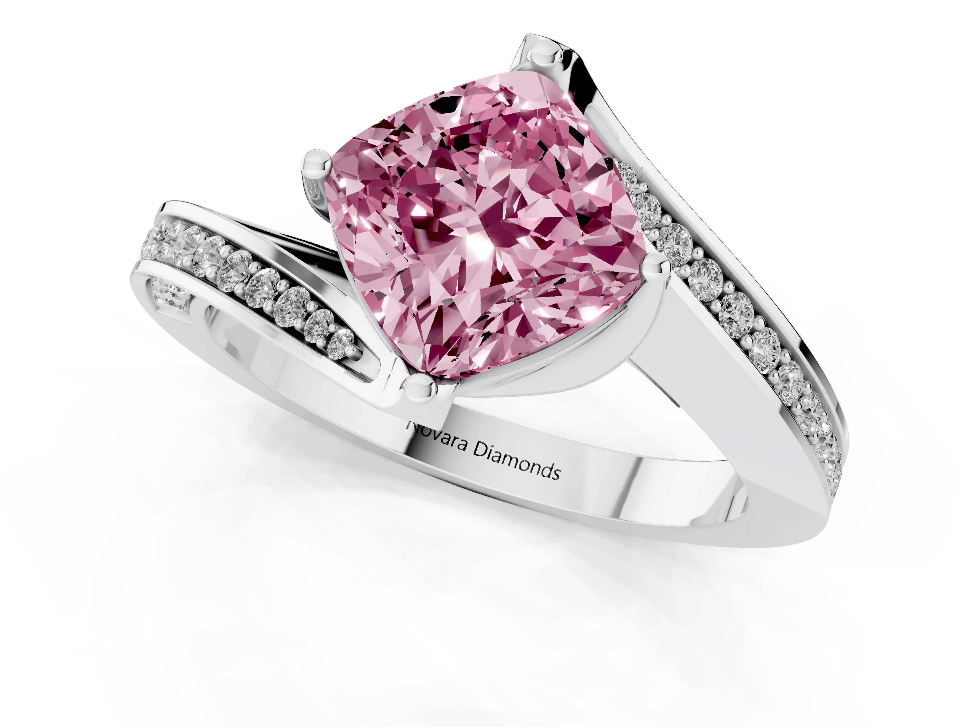 Fancy Pink Cushion Cut Diamond Solitaire Ring Set in Silver with Intertwined Pavé Twist Band