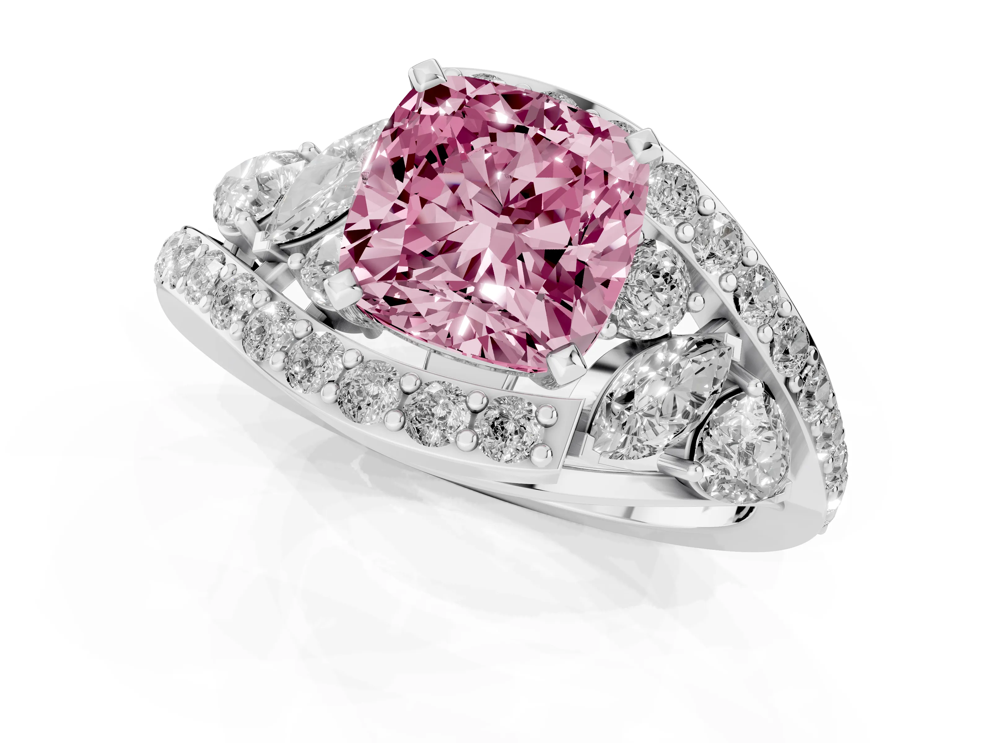 Fancy Pink Cushion Cut Diamond Halo Ring Set in Platinum with Marquise and Pavé Band in Prong Setting