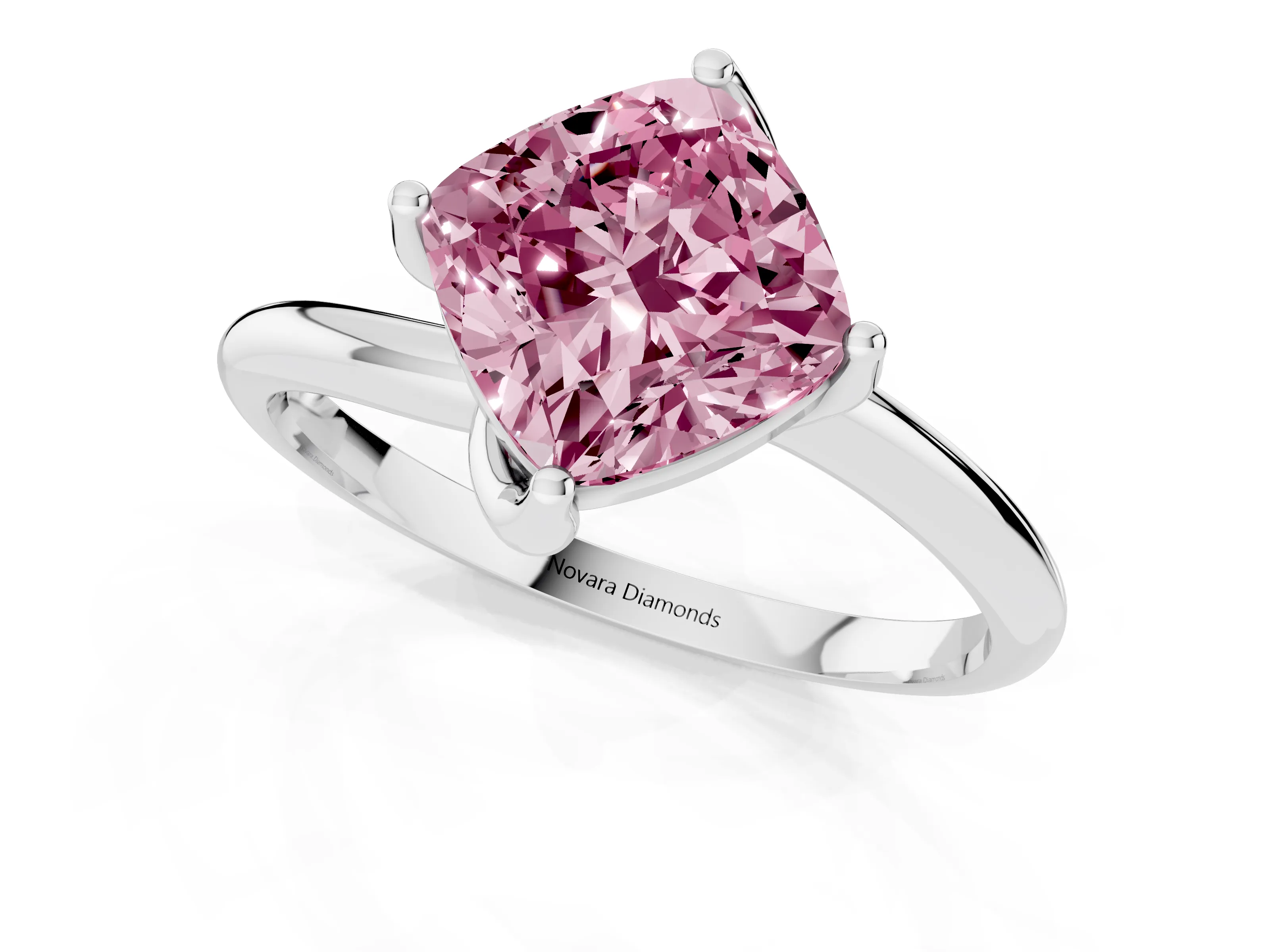 Fancy Pink Cushion Cut Diamond Solitaire Engagement Ring Set in Platinum with Classic Plain Band