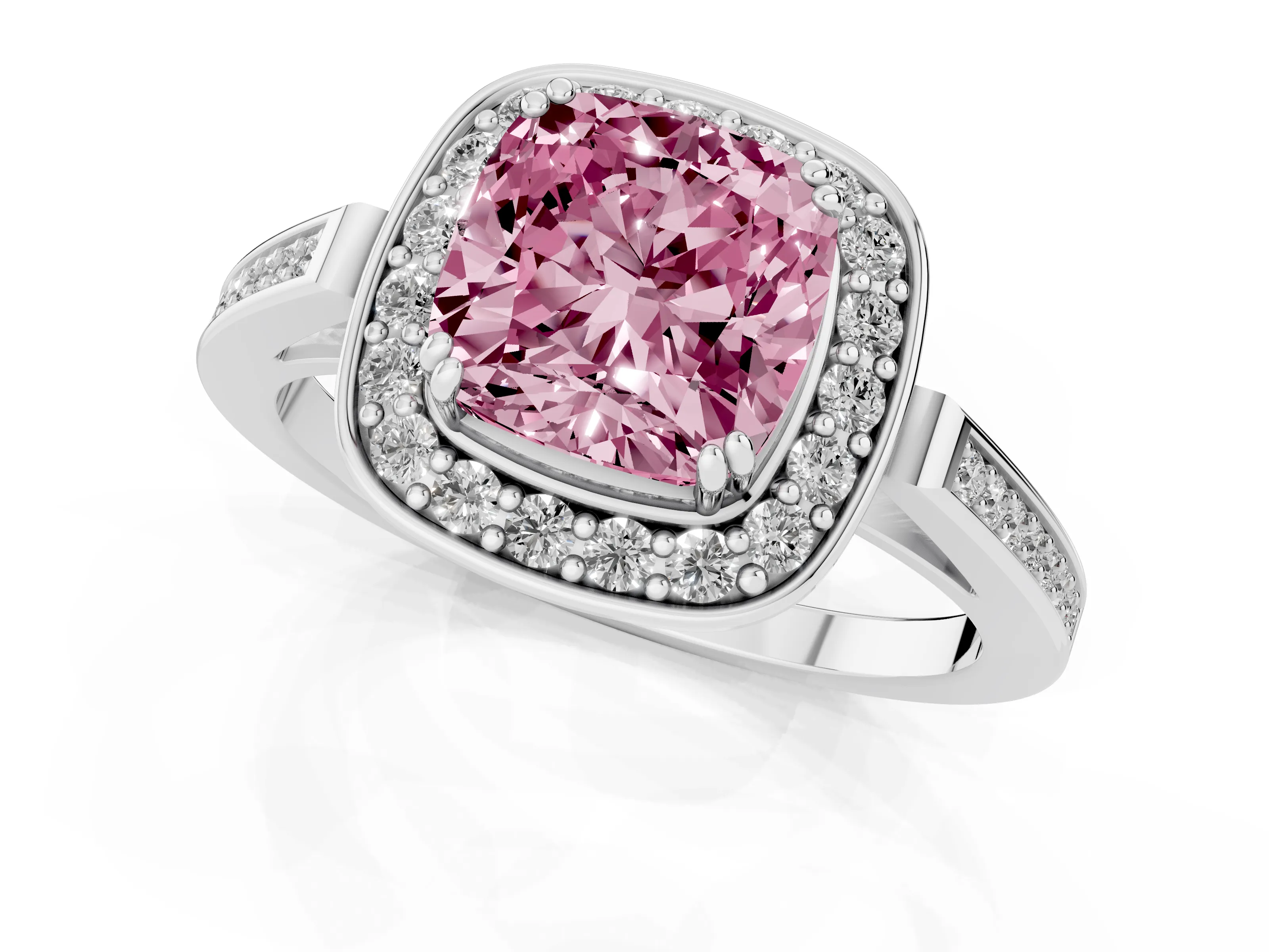 Fancy Pink Cushion Cut Diamond Halo Ring Set in Platinum with Accent-Lined Split Shank and Prong Setting – second view