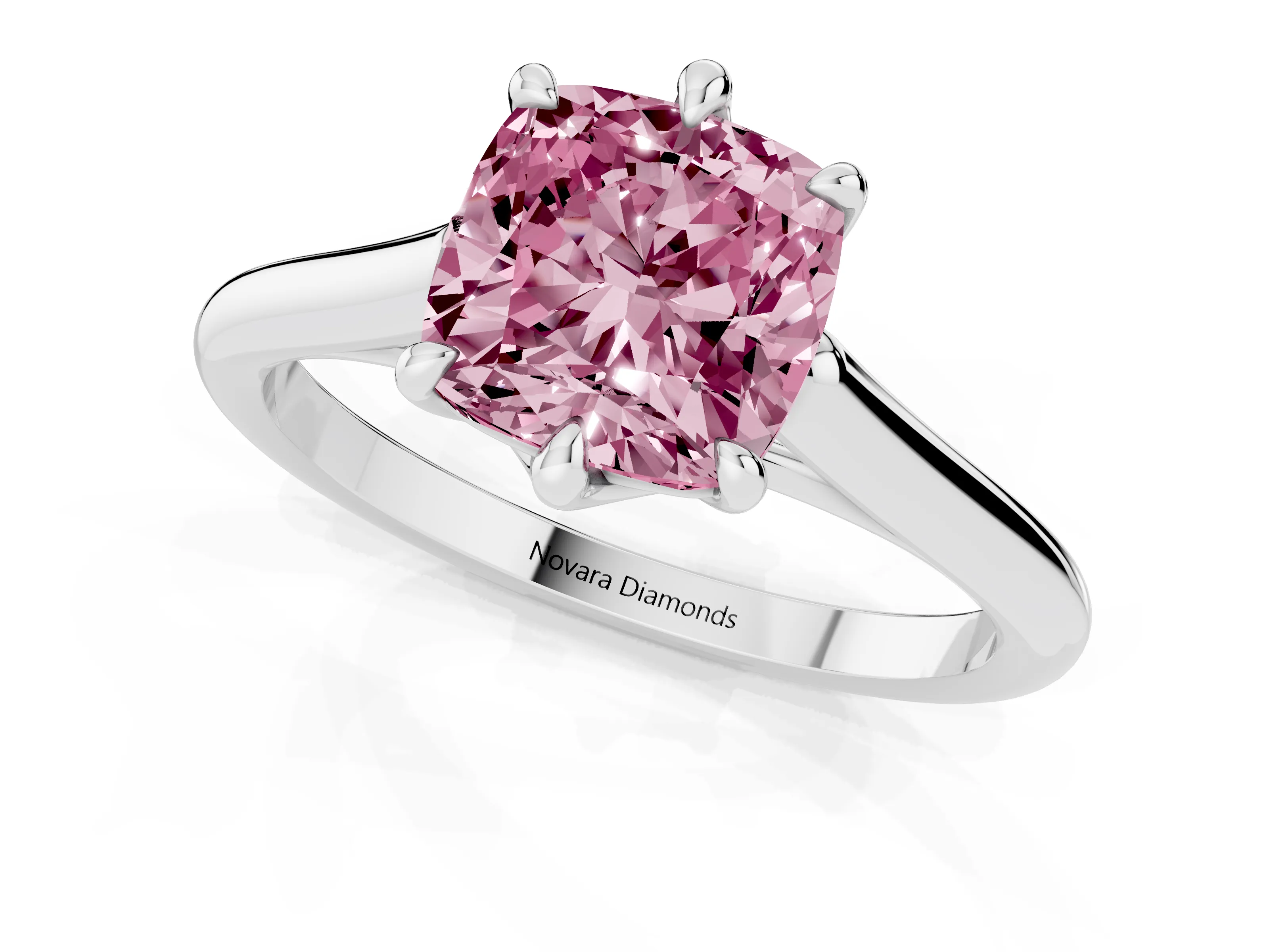 Fancy Pink Cushion Cut Diamond Solitaire Engagement Ring Set in White gold with Prong Setting and Plain Classic Band