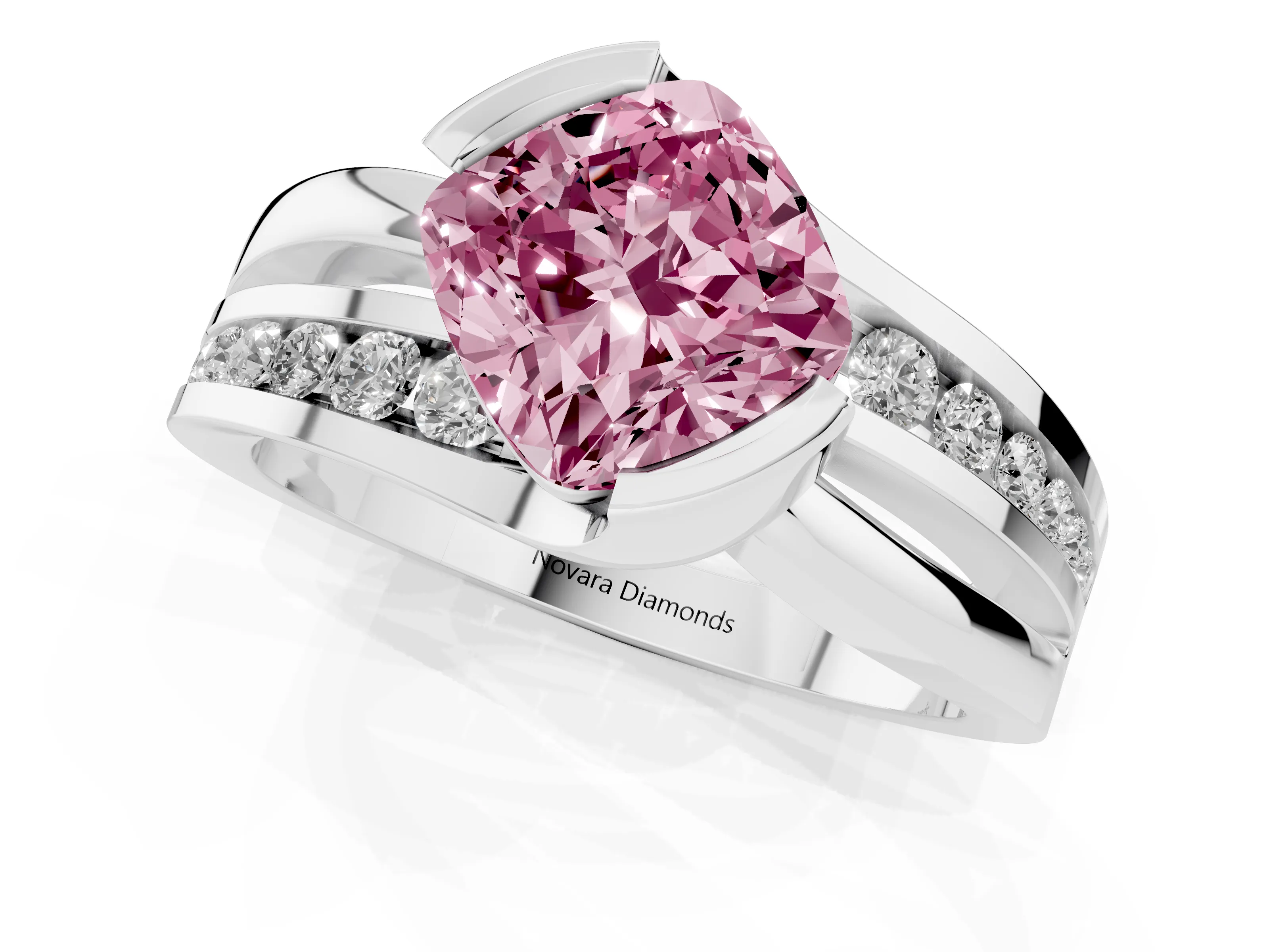 Fancy Pink Cushion Cut Diamond Solitaire Ring Set in White gold with Channel Set Split Shank and Tension Prongs