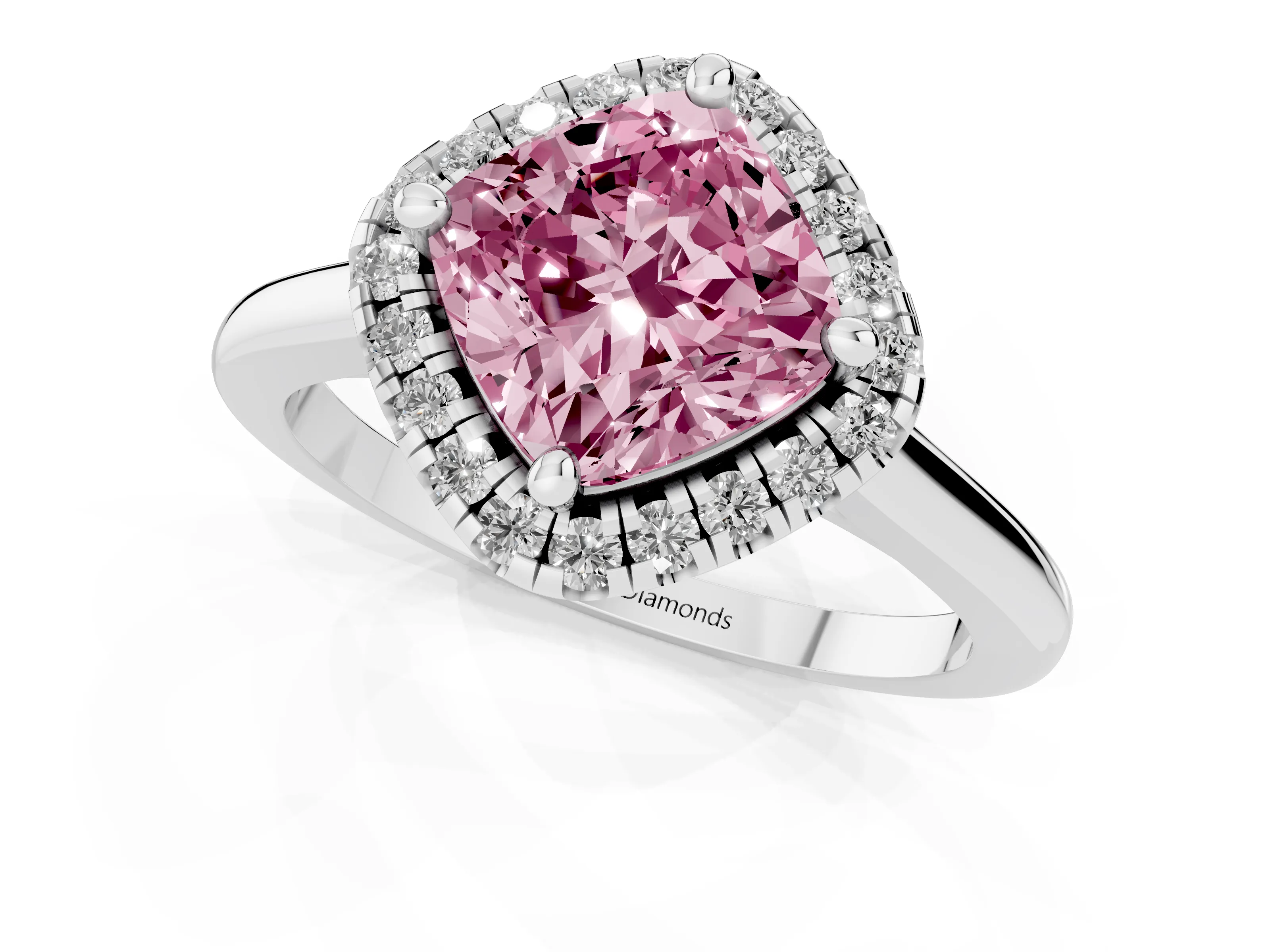 Fancy Pink Cushion Cut Diamond Halo Engagement Ring Set in White gold with Pavé Band and Rising Shoulders – second view