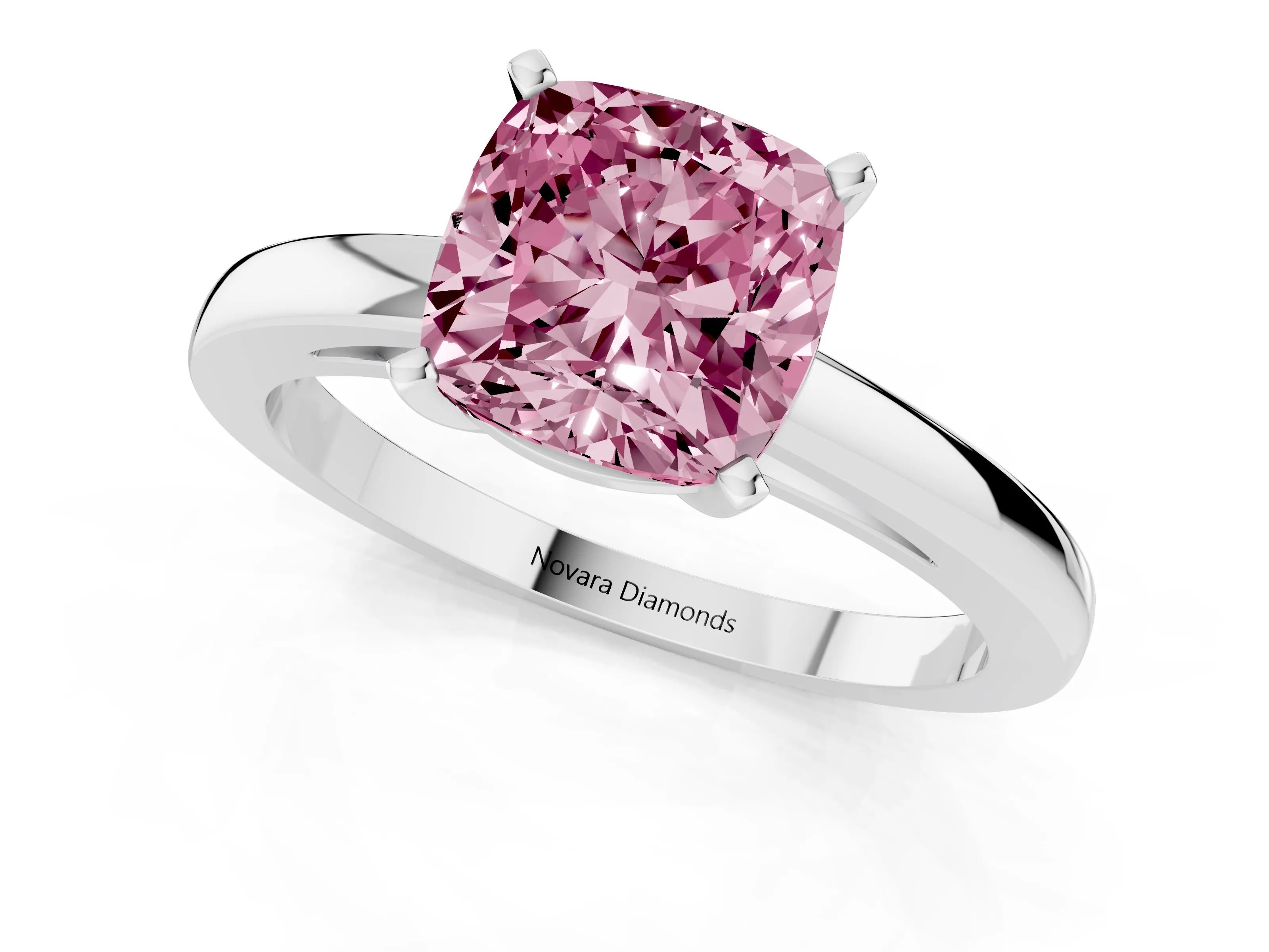 Fancy Pink Cushion Cut Diamond Solitaire Engagement Ring Set in Platinum with Prong Setting on a Classic Band