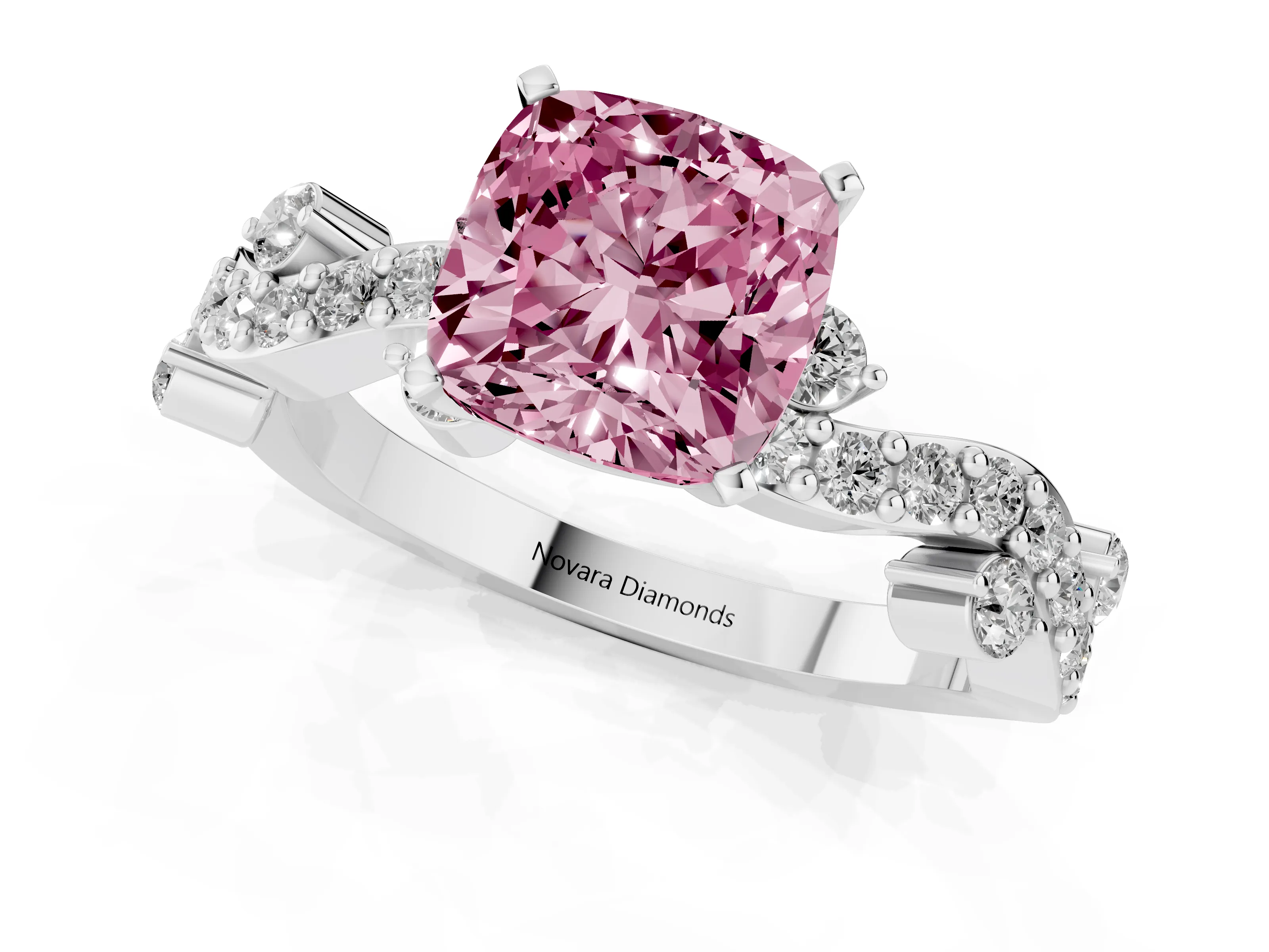 Fancy Pink Cushion Cut Diamond Solitaire Twisted Band Set in White gold with Pavé Setting