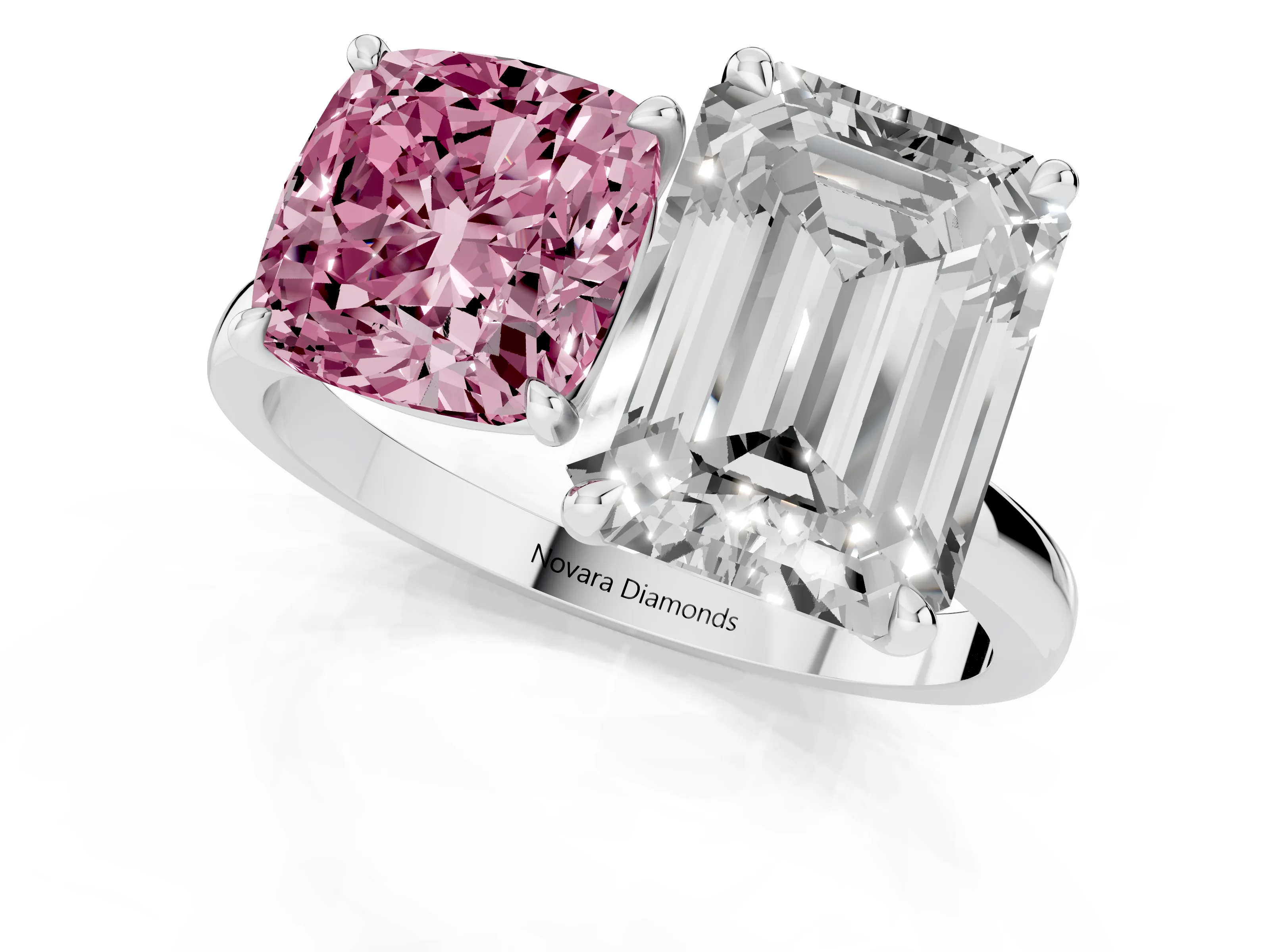 Fancy Pink Cushion Cut and Emerald Cut Toi Moi Ring Set in Platinum with Prong Setting
