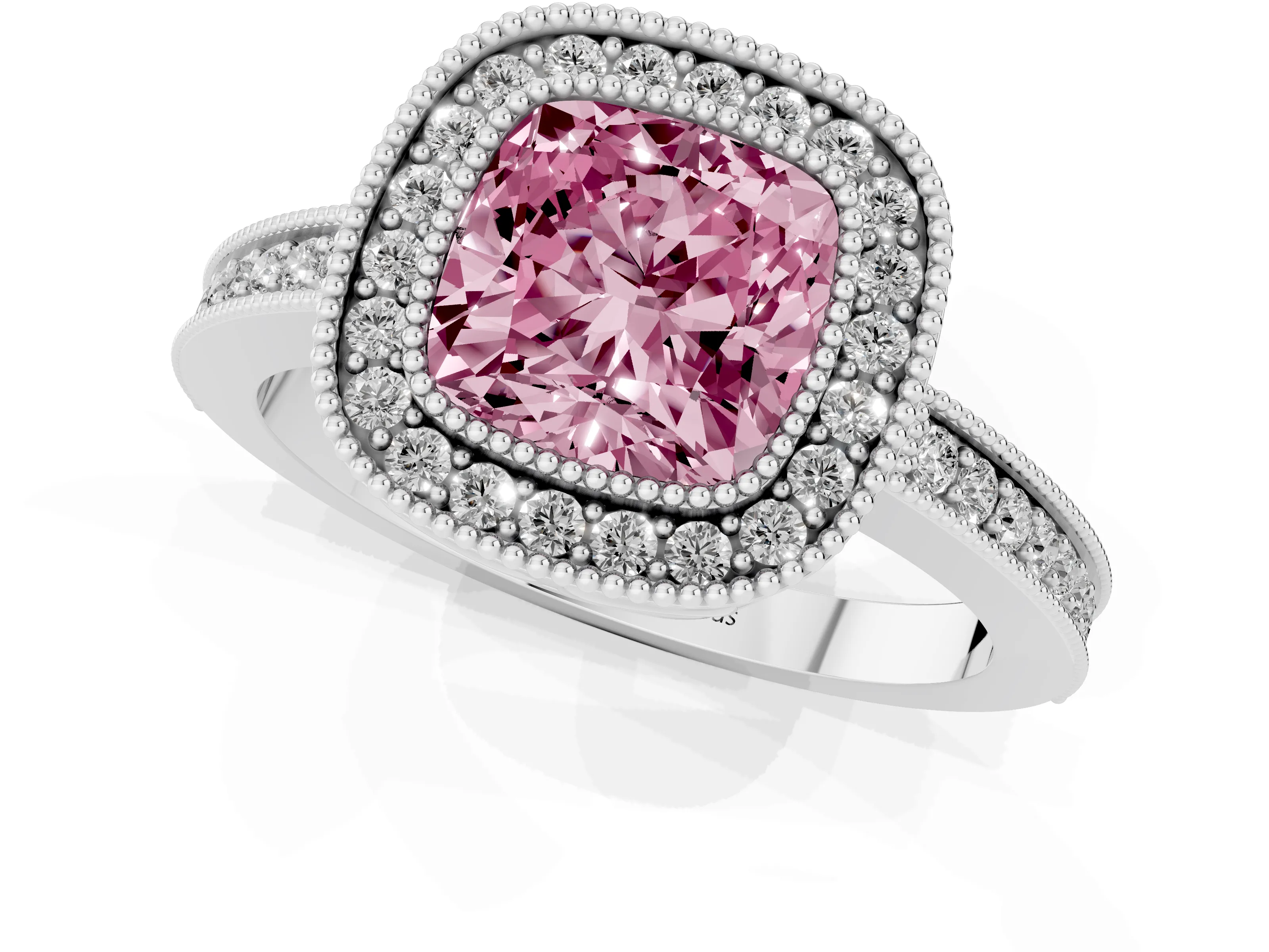 Fancy Pink Cushion Cut Diamond Round Halo Ring Set in White gold with Pavé Band