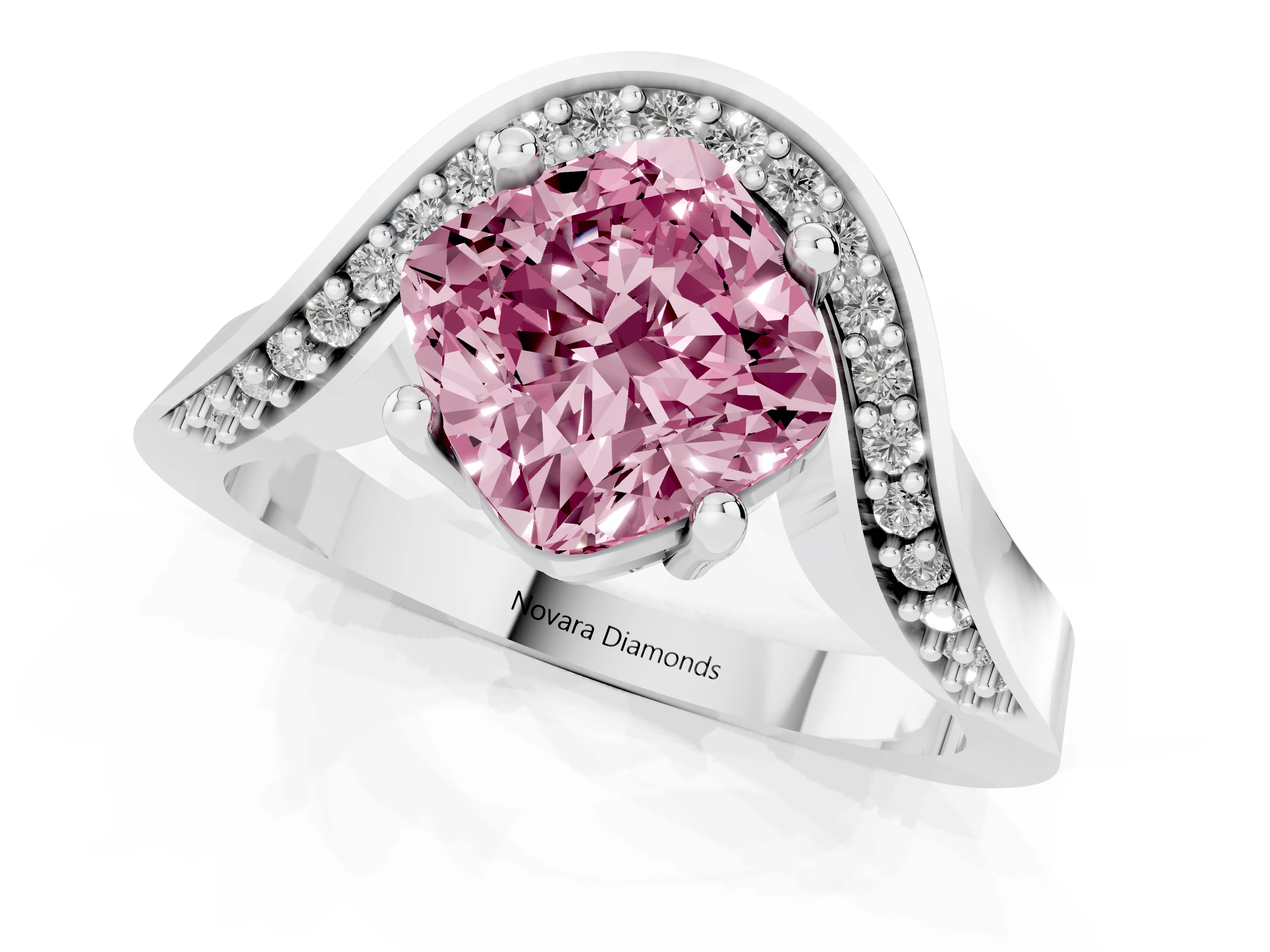 Fancy Pink Cushion Cut Diamond Solitaire Engagement Ring Set in White gold with Pavé Shoulders