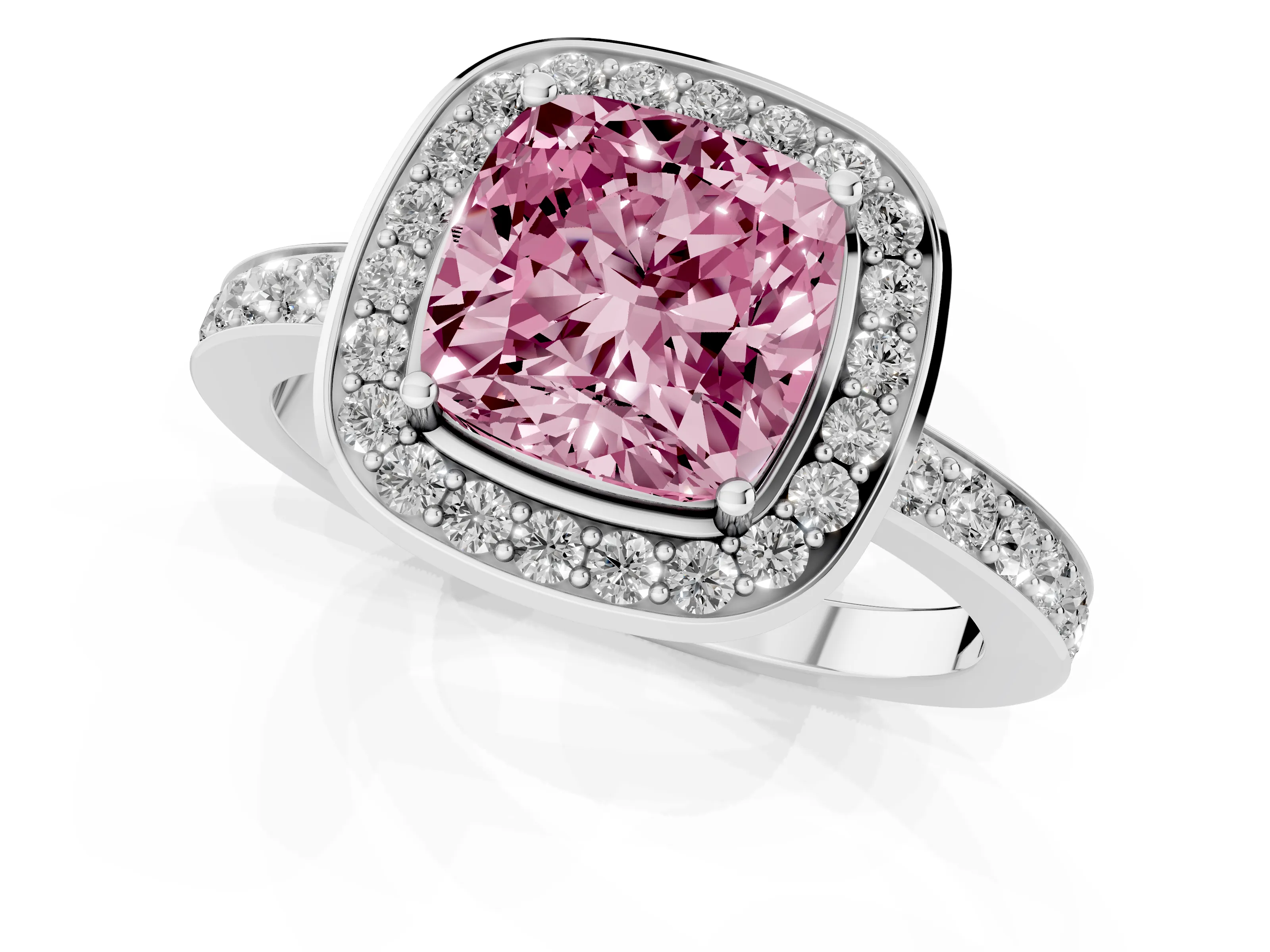 Fancy Pink Cushion Cut Diamond Halo Ring Set in White gold with Bezel Frame and Pavé Band