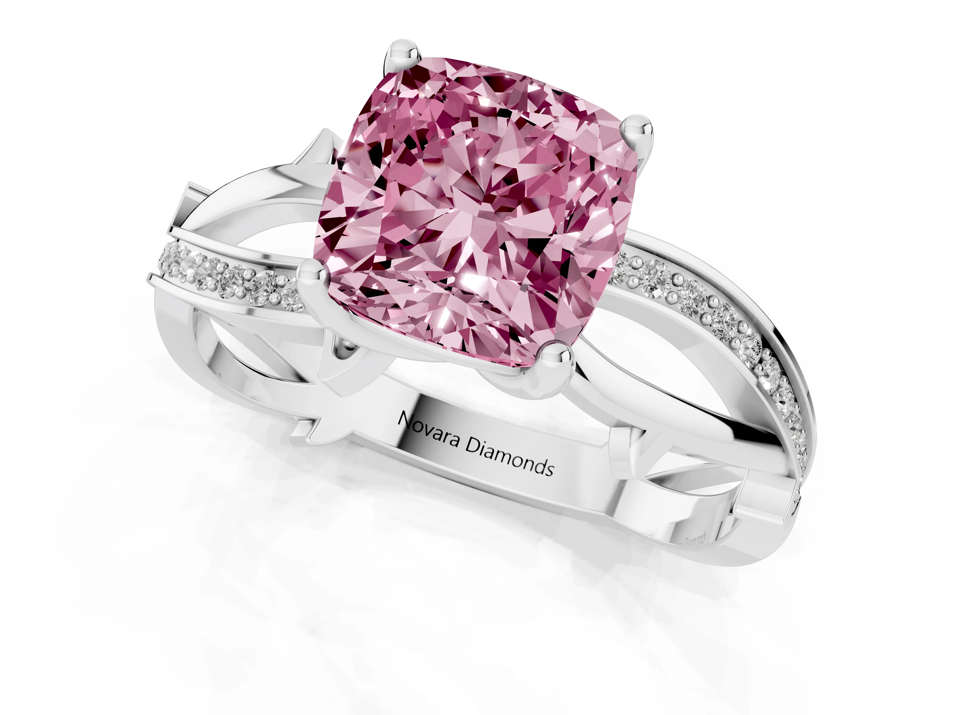 Fancy Pink Cushion Cut Diamond Pavé Twist Band Solitaire Ring Set in Silver with Prong Setting