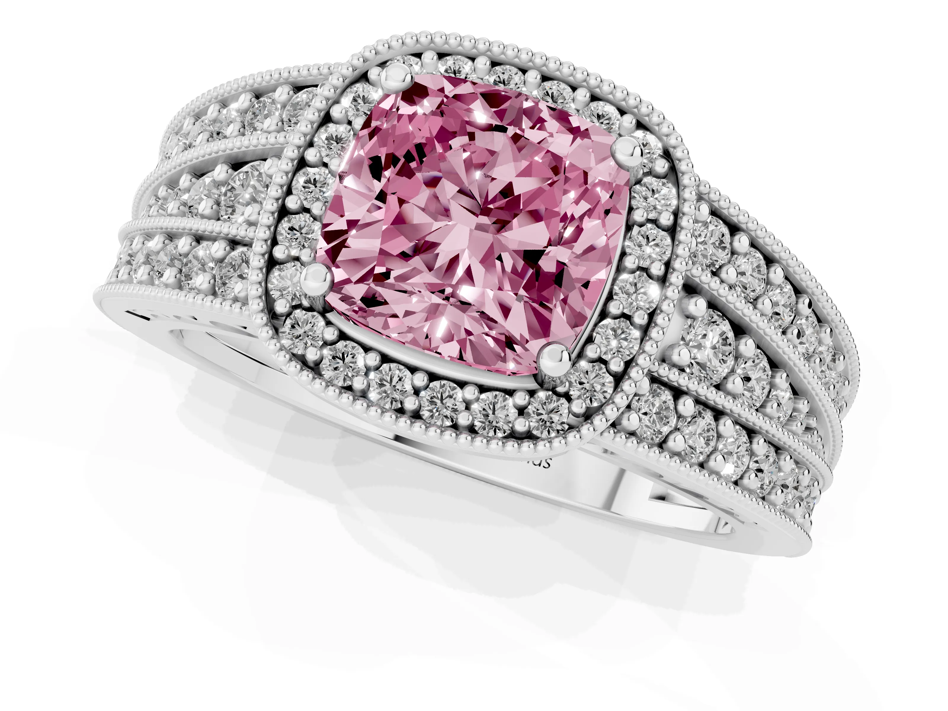 Fancy Pink Cushion Cut Diamond Halo Ring Set in Silver with Accent Split Shank and Prong Setting