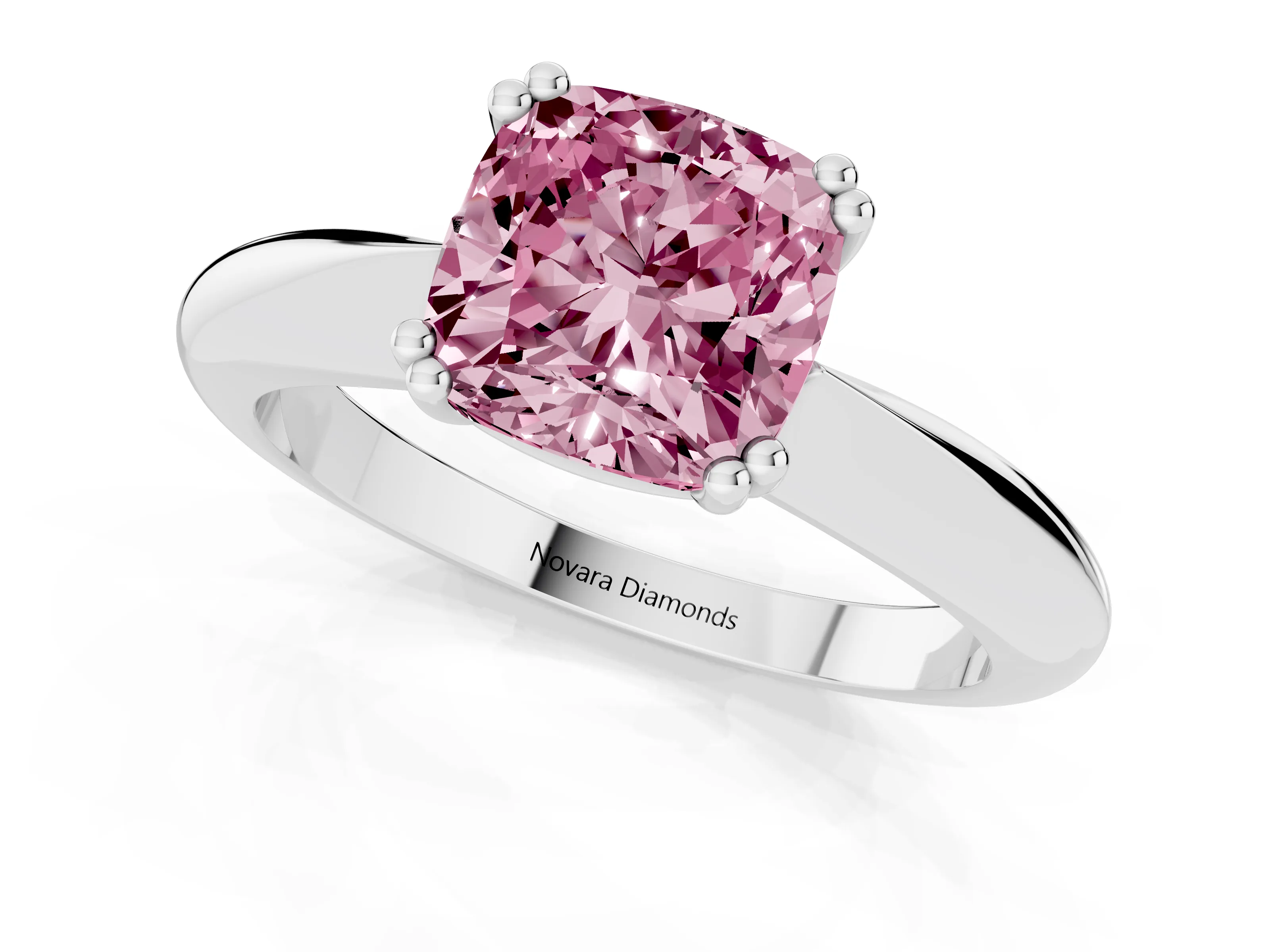 Fancy Pink Cushion Cut Diamond Solitaire Engagement Ring Set in White gold with Tapered Band and Prong Setting