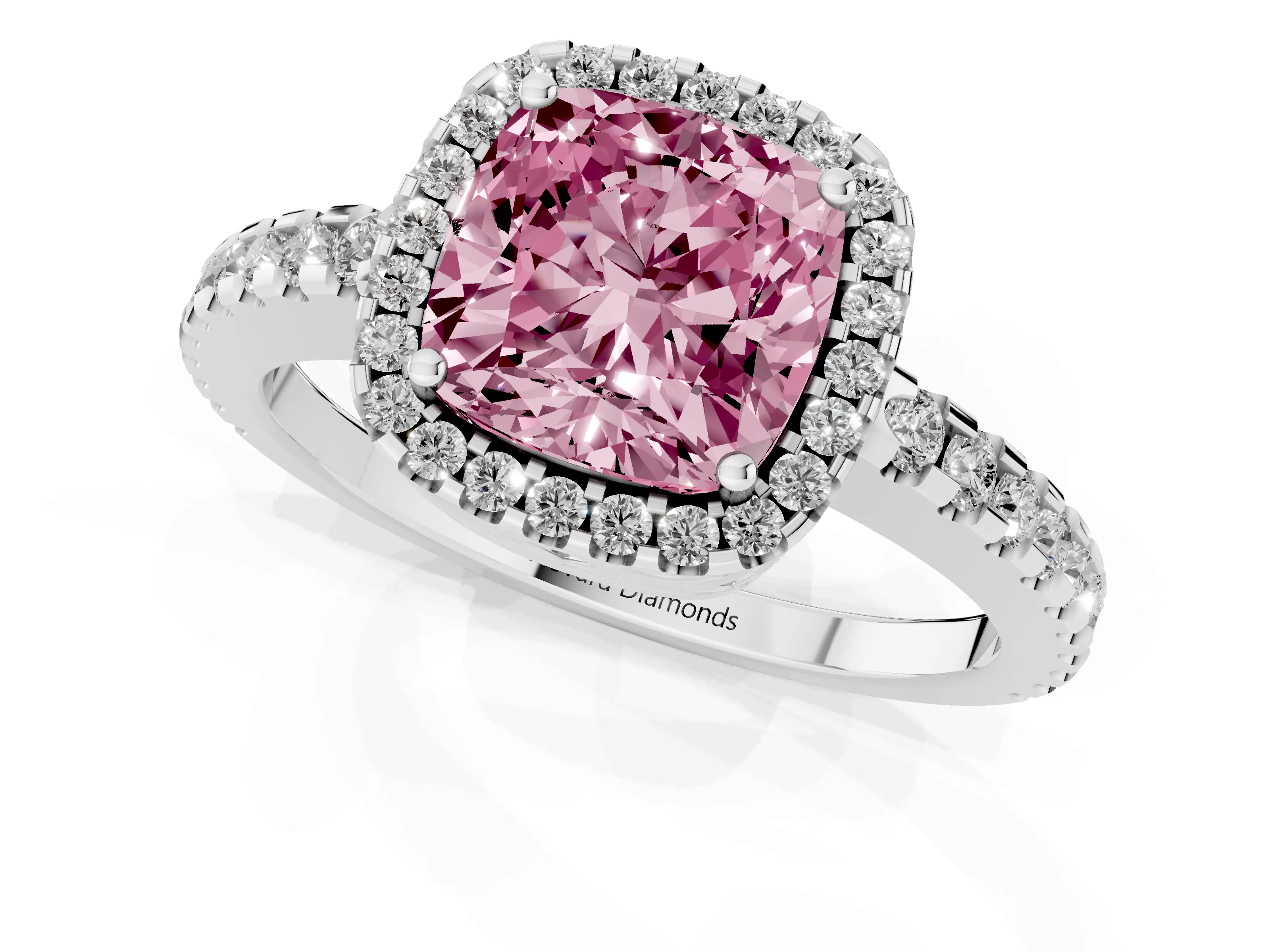 Fancy Pink Cushion Cut Diamond Halo Ring Set in White gold with Pavé Shoulders and Halo-Framed Center