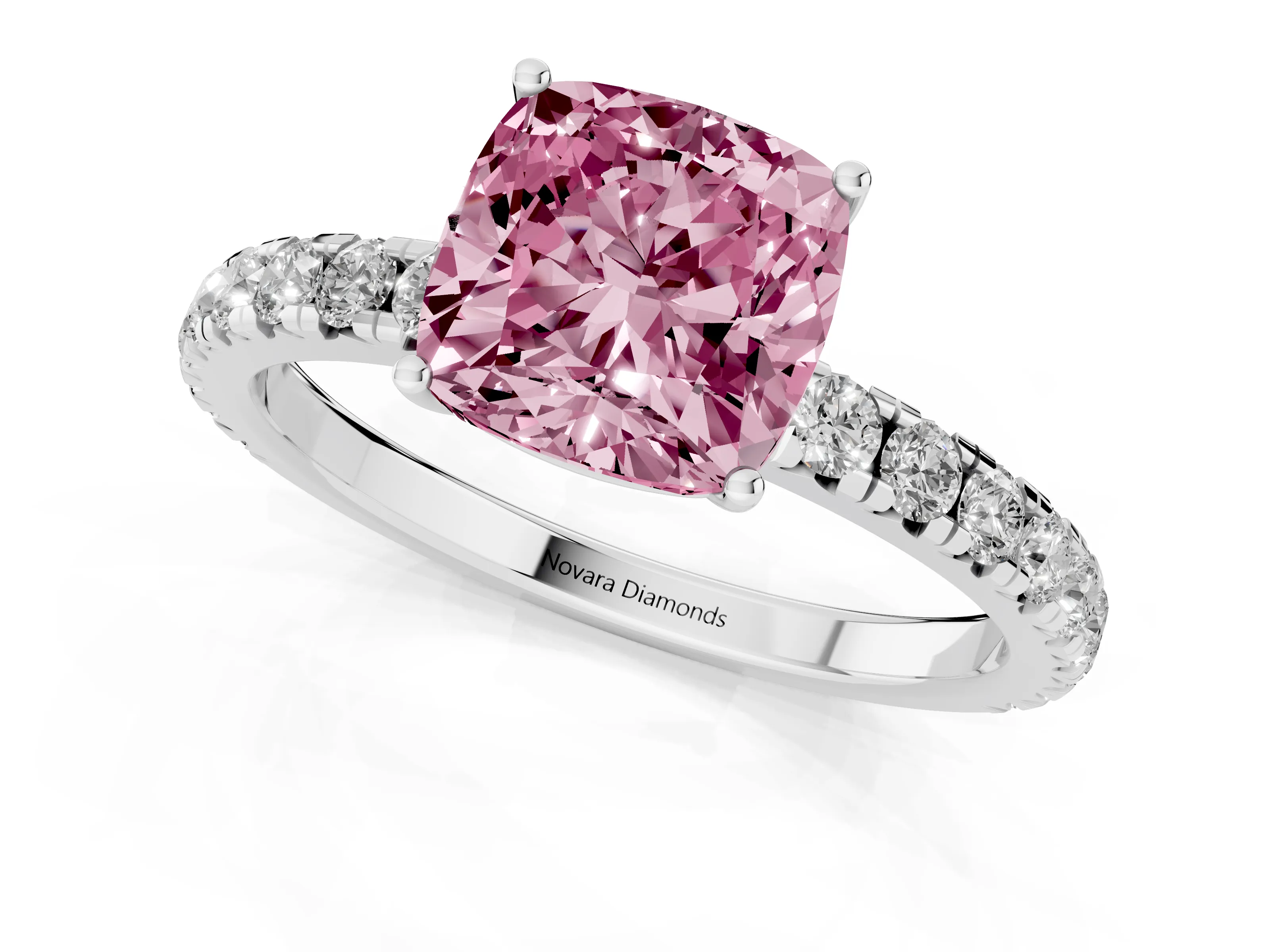 Fancy Pink Cushion Cut Diamond Pavé Solitaire Engagement Ring Set in White gold with Prong Setting